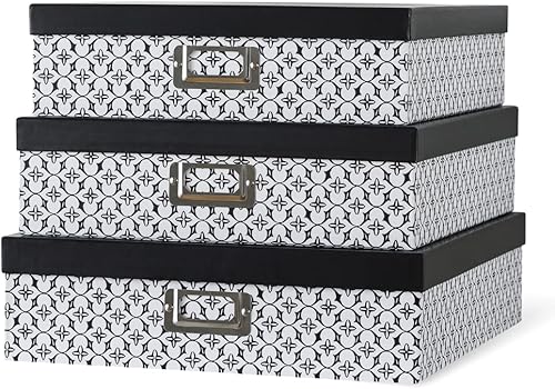 Soul & Lane Cajas de almacenamiento decorativas en blanco y negro con tapas para organizar, juego de 3 cajas de almacenamiento jumbo para álbumes de