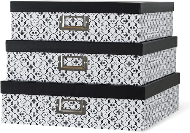 Soul & Lane SLPR Decorative Storage Cardboard Boxes (Set of 3, Modern Trellis, Black & White) | Nesting Gift Boxes with Lid for Keepsake Toys Photos Memories Closet Nursery Office Bedroom Decoration