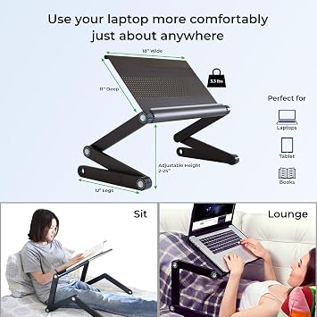 WorkEZ Executive Adjustable Ergonomic Laptop Cooling Stand & Lap Desk for Bed Couch folding aluminum desktop computer riser tray height tilt angle portable macbook cooling reading monitor,Black