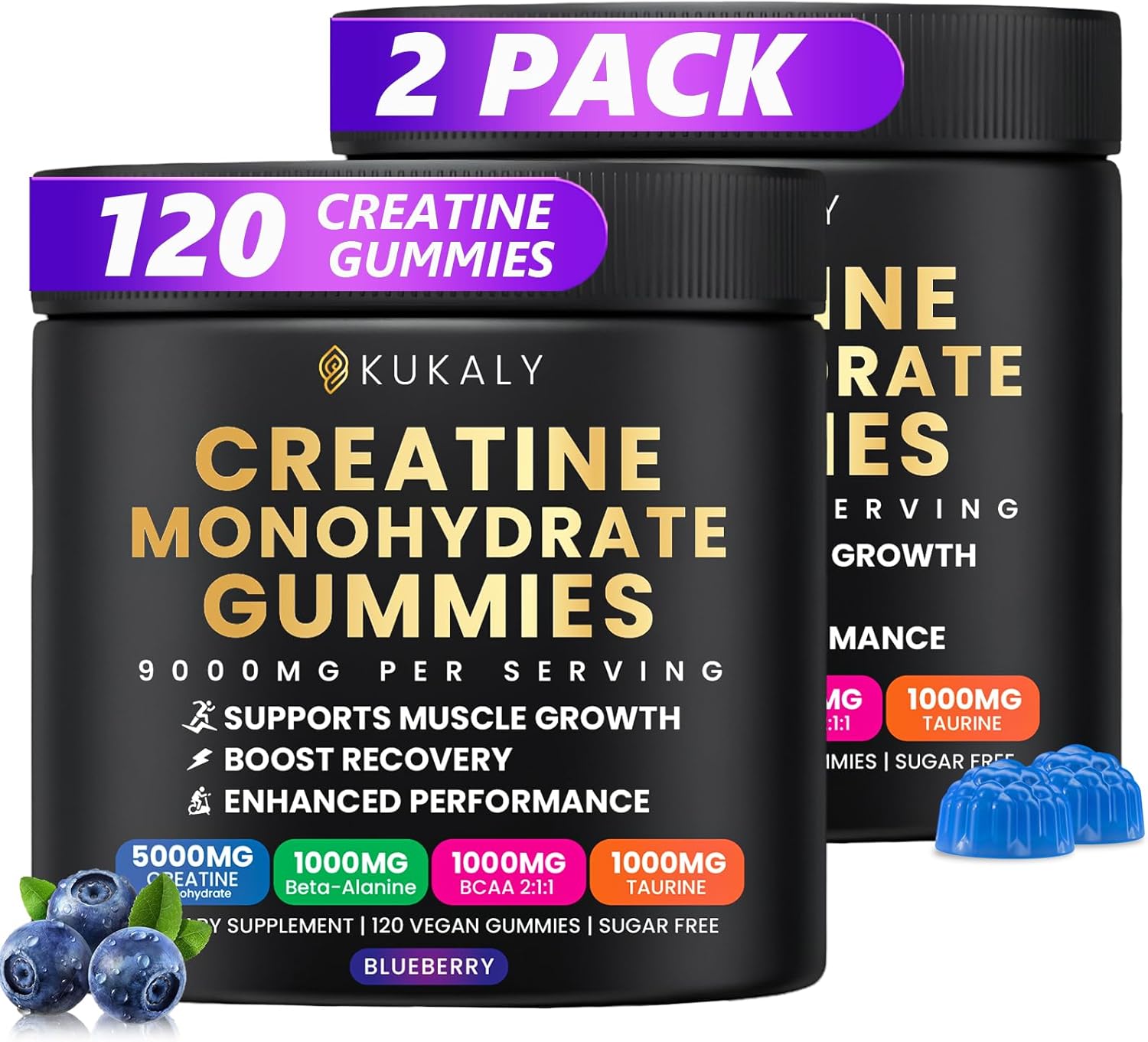 KUKALY Creatine Monohydrate Gummies for Men & Women, 9000MG Creatine Gummies Sugar Free with L-Taurine, BCAA 2:1, B12 B6 for Boost Strength, Focus & Endurance, Vegan, Non-GMO, Blueberry 120*2 Bottle