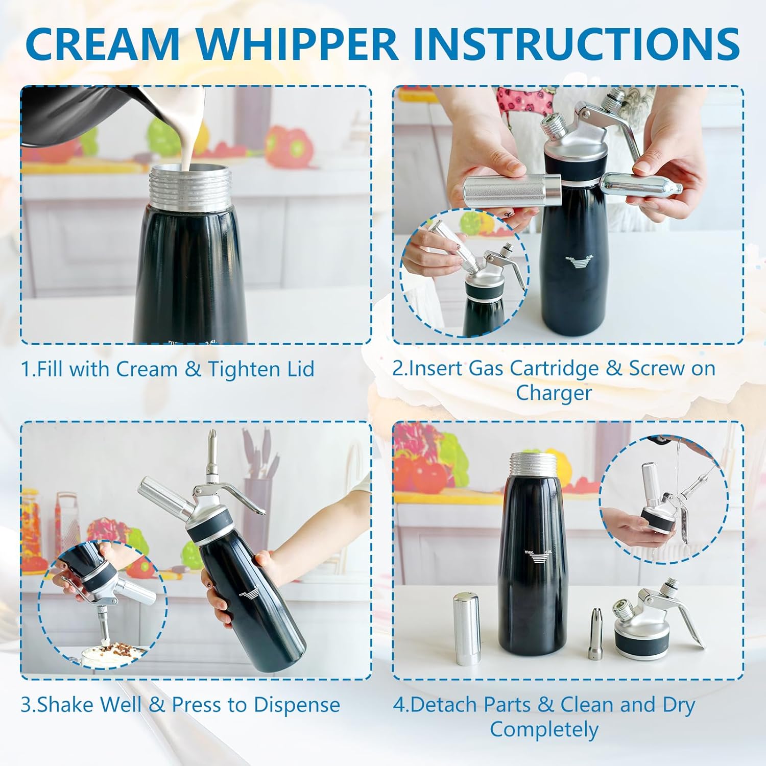 Whipped Cream Dispenser 500ml – 1 Pint Aluminum Cream Canister with 3 Nozzles & Cleaning Brush – Leak-Proof Whip Cream Maker for Desserts, Toppings, N2O Charger not Included
