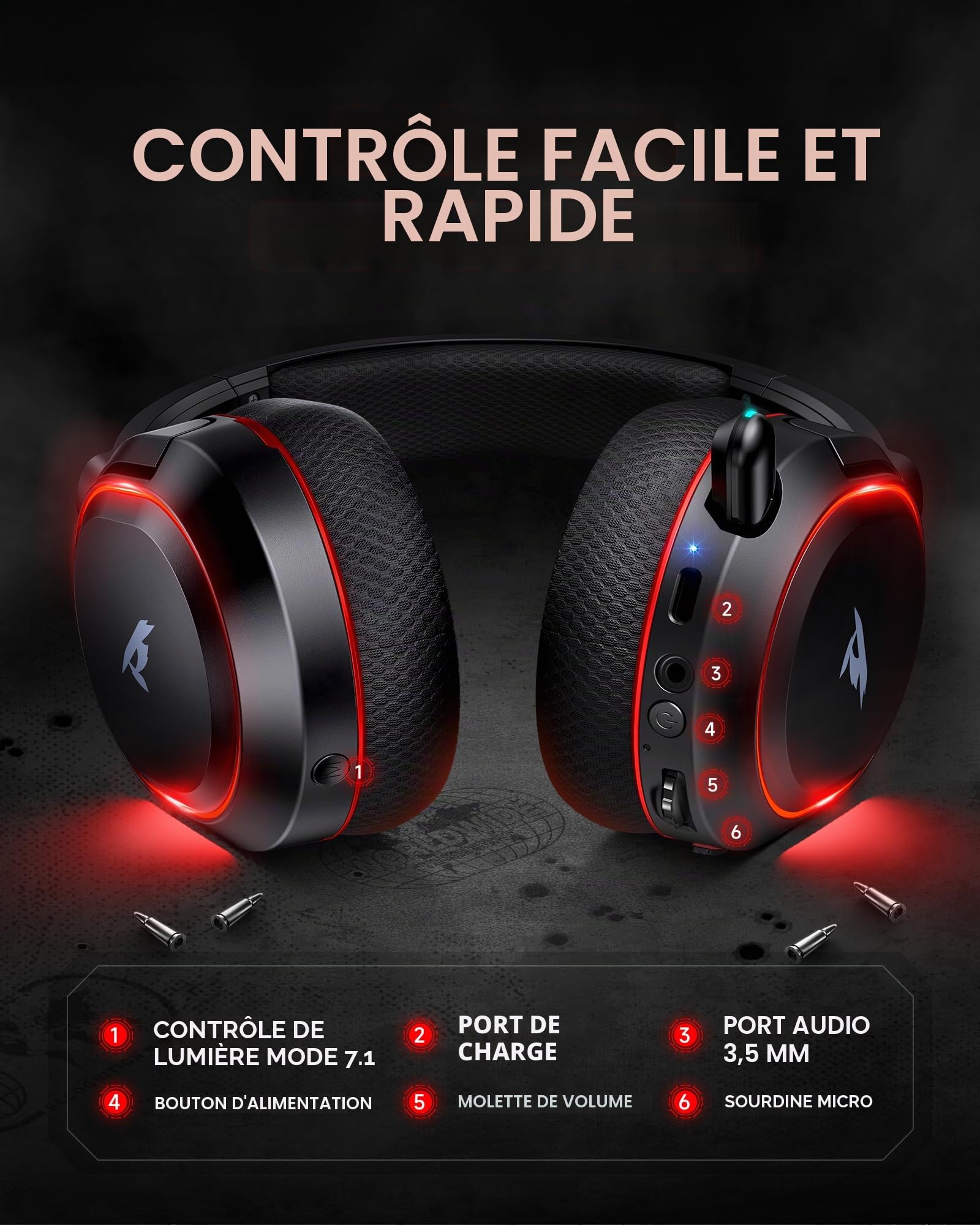 Picun G2 Casque de jeu sans fil, son surround virtuel 7.1, 2,4 GHz/Bluetooth 5.4/filaire, latence ultra-faible de 5 ms, batterie 100H, microphone antibruit ENC, RVB, pour PC PS5 PS4 Switch (noirrouge)