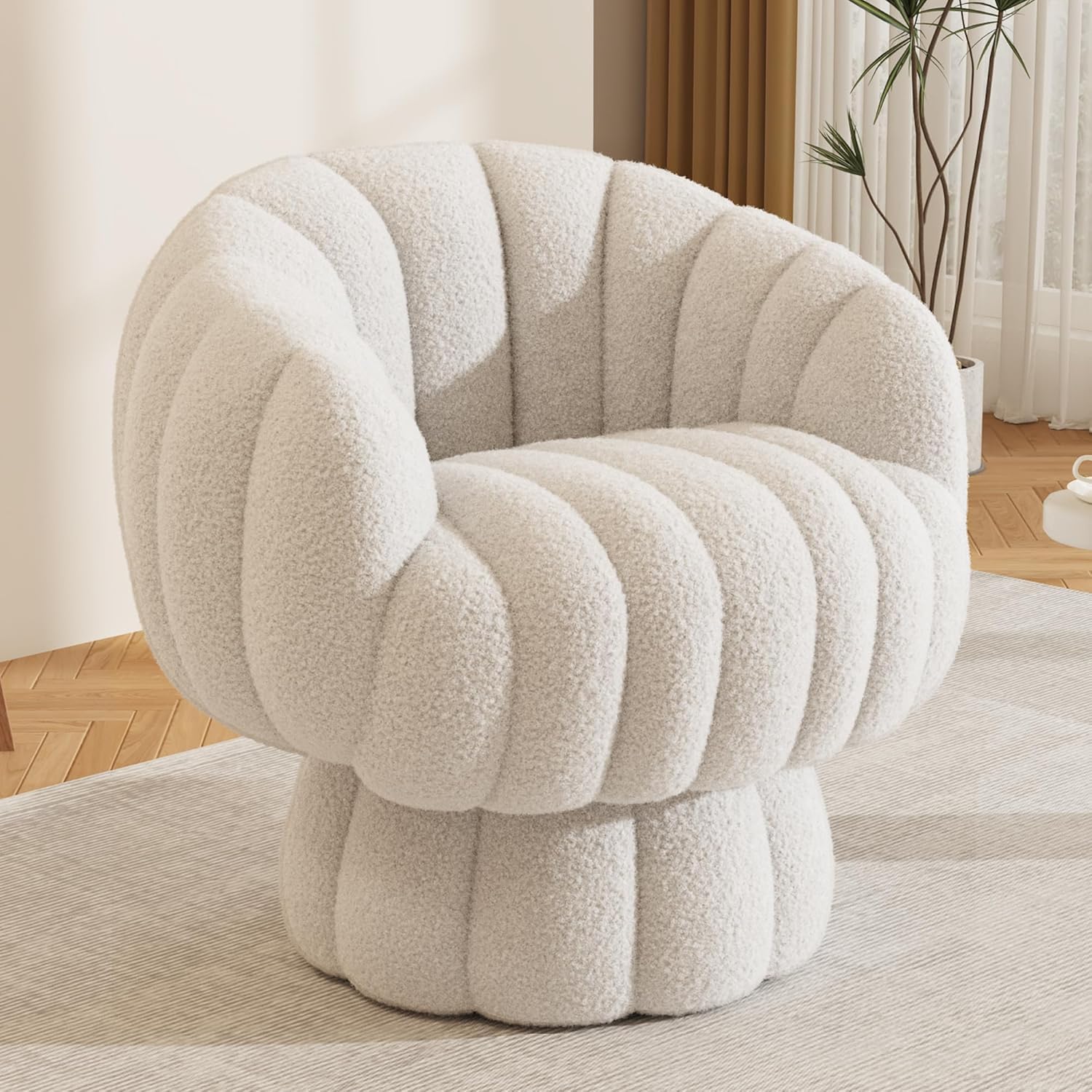 Mid Century Modern 360 Degree Barrel Swivel Accent Sofa Chair,Fluffy Velvet Fabric Lounge Wide Upholstered Pumpkin Reading Chair-image-41
