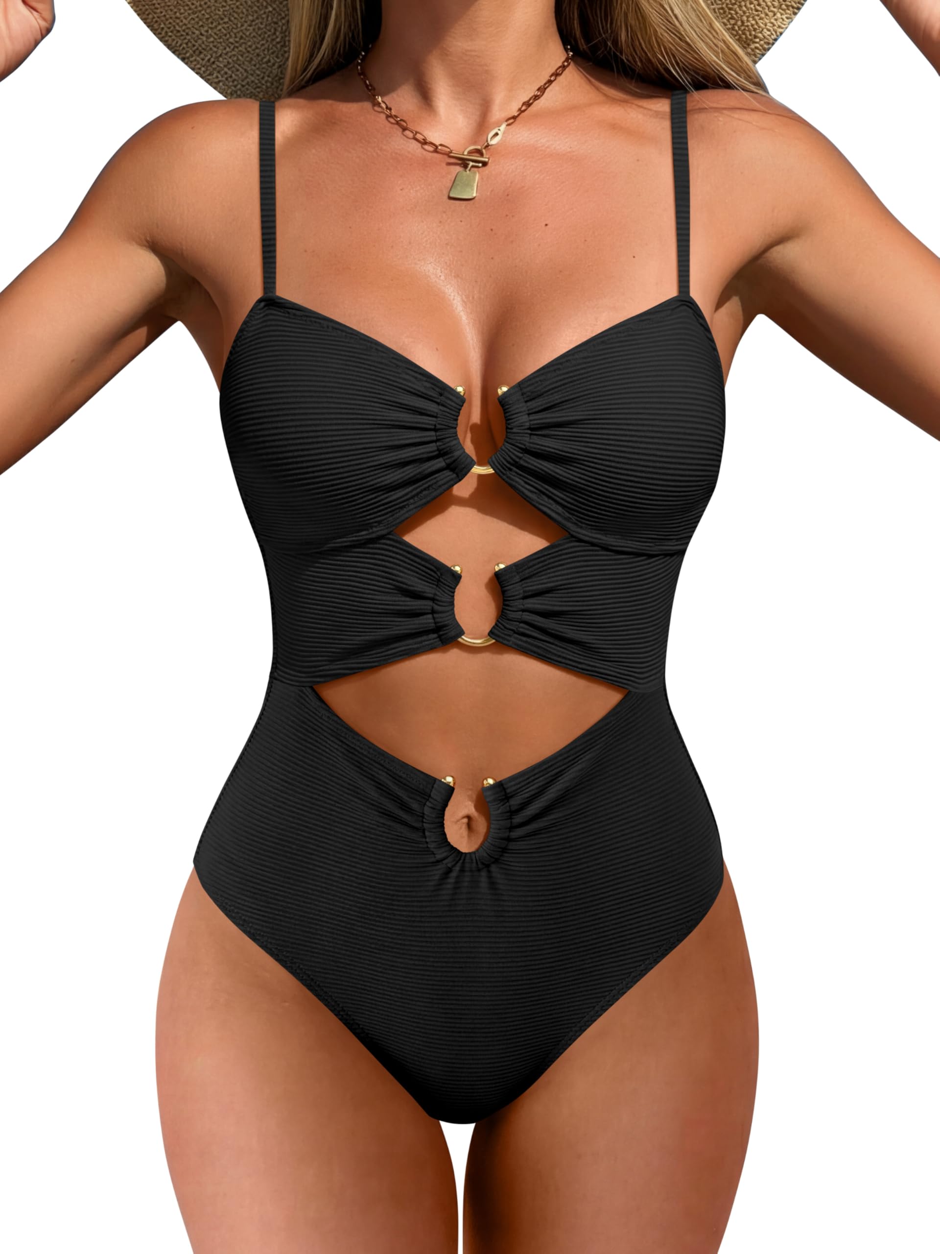 ANRABESS Women One Piece Swimsuits Sexy Cutout Full Coverage Bathing Suit Ring Link Ruched Monokini Beach Swimwear