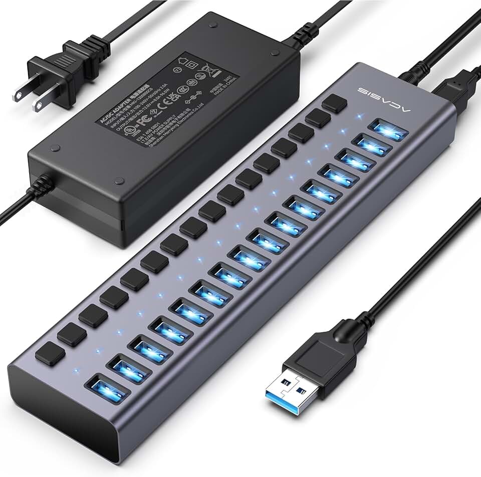 Hub USB 3.1 Alimentado ACASIS, 16 Portas, Velocidade 10Gbps, Estrutura em Alumínio, Fonte 96W, Compatível com PC, Notebook, Pen Drive, Impressora e Câmera