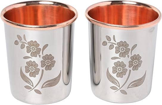 Set of 2 Outer Stainless Steel and Inner Pure Copper Tumbler For Ayurveda Health Benefits - 250 Ml 8.45 US Fluid Ounce Capacity Floral Pattern