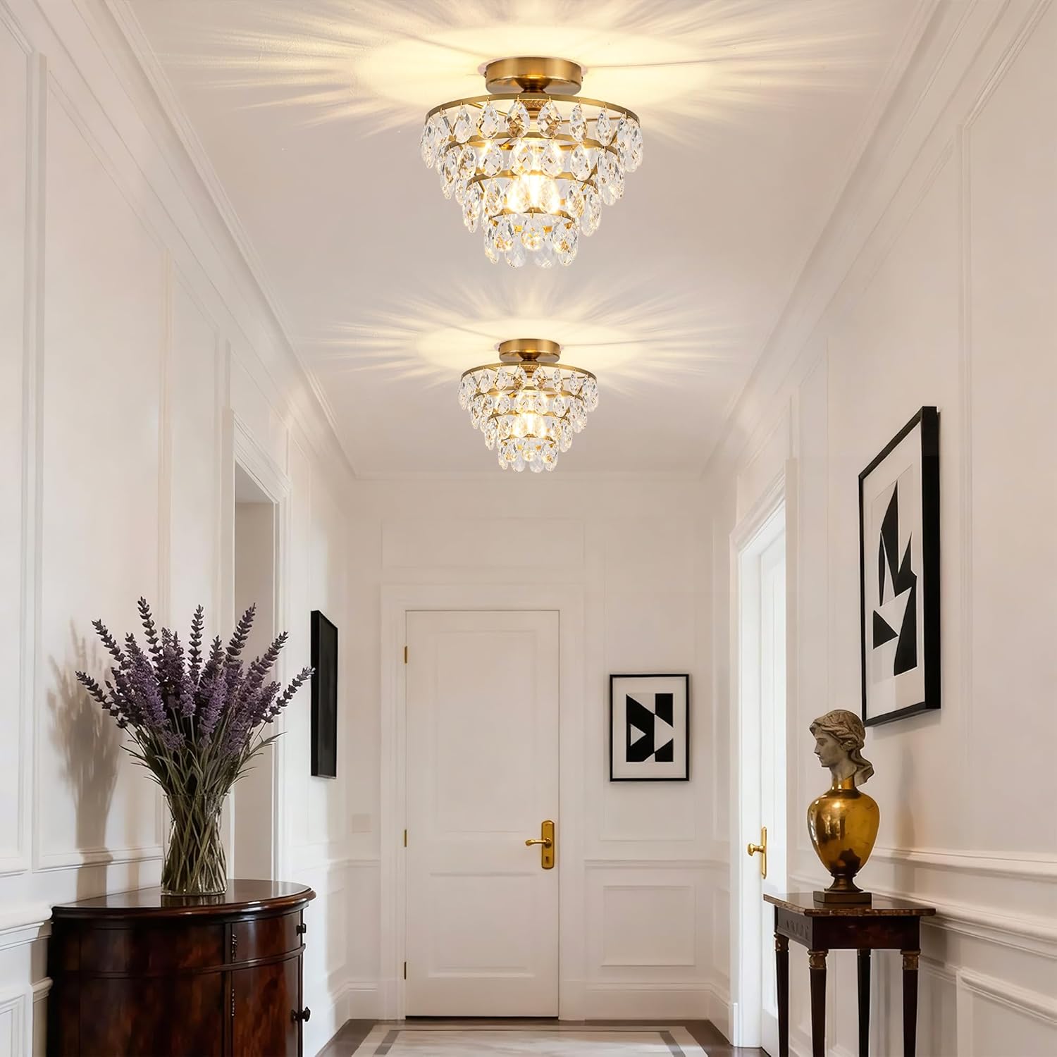 Mayful Modern Crystal Ceiling Light Fixture Gold Semi Flush Mount Ceilig Chandelier Mini Ceiling Light for Hallway Bedroom Bathroom Living Room E26