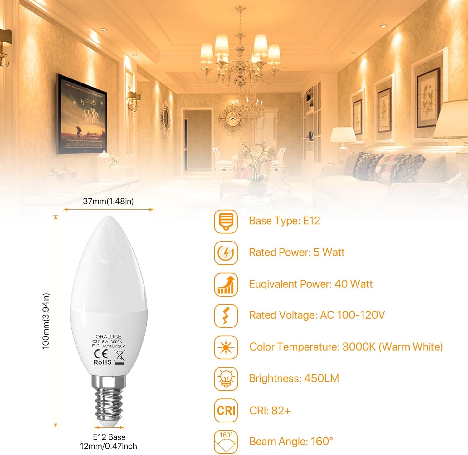 ORALUCE E12 LED Candelabra Light Bulbs - 40 Watt Equivalent, 3000K Warm White Chandelier Non-dimmable, Type B Light Bulb for Ceiling Fan, 5W 450LM 6 Pack