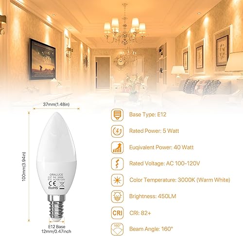 Miniatura 2 de ORALUCE Paquete de bombillas de candelabro blanco cálido de 3000 K y bombilla LED A15 blanco cálido 3000 K (cada paquete de 6)