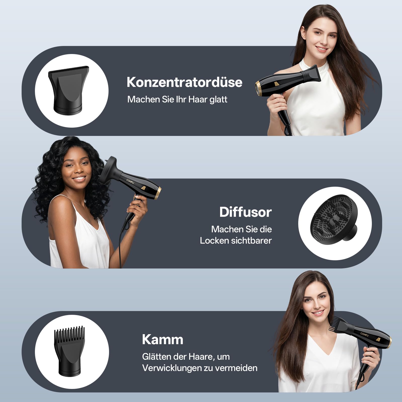 CONFU Sèche-cheveux professionnel ionique 2300 W avec diffuseur Buse de coiffage 2 vitesses et 3 chauffages AC Moteur Séchage rapide Puissant Sèche-cheveux pour salon de coiffure et famille (noir)