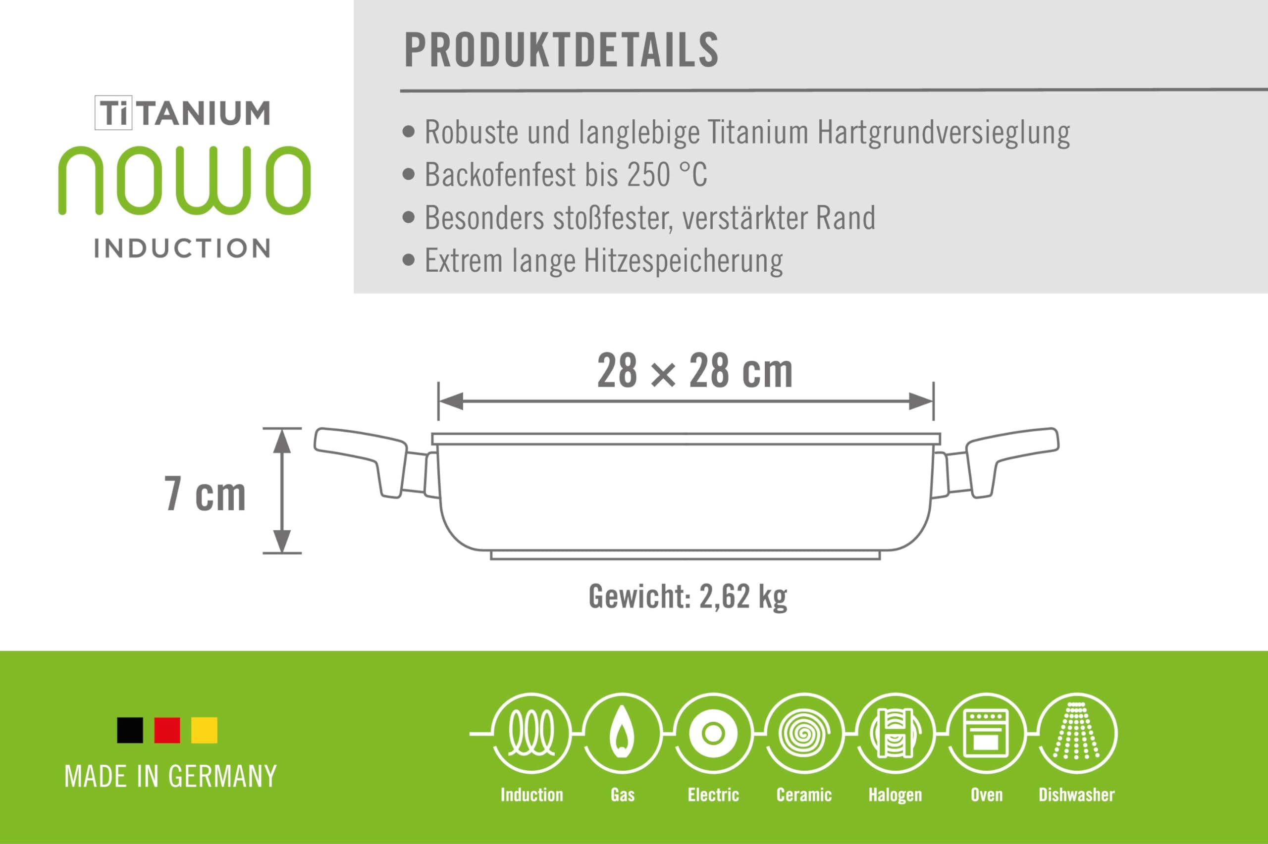 Woll Nowo Titanium Gusspfanne viereckig - Induktiv -, mit 2 Seitengriffen, 28x28 cm, 7 cm hoch, Geeignet für alle Herdarten, Aluminiumguss, Antihaft-Versiegelung, backofenfest, schwarz