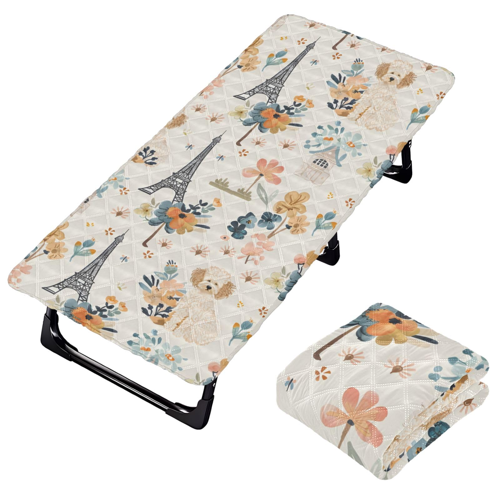Portable Toddler Bed Sheet for Kids Iron Tower and Dogs Flowers Travel Bed Fitted Sheet