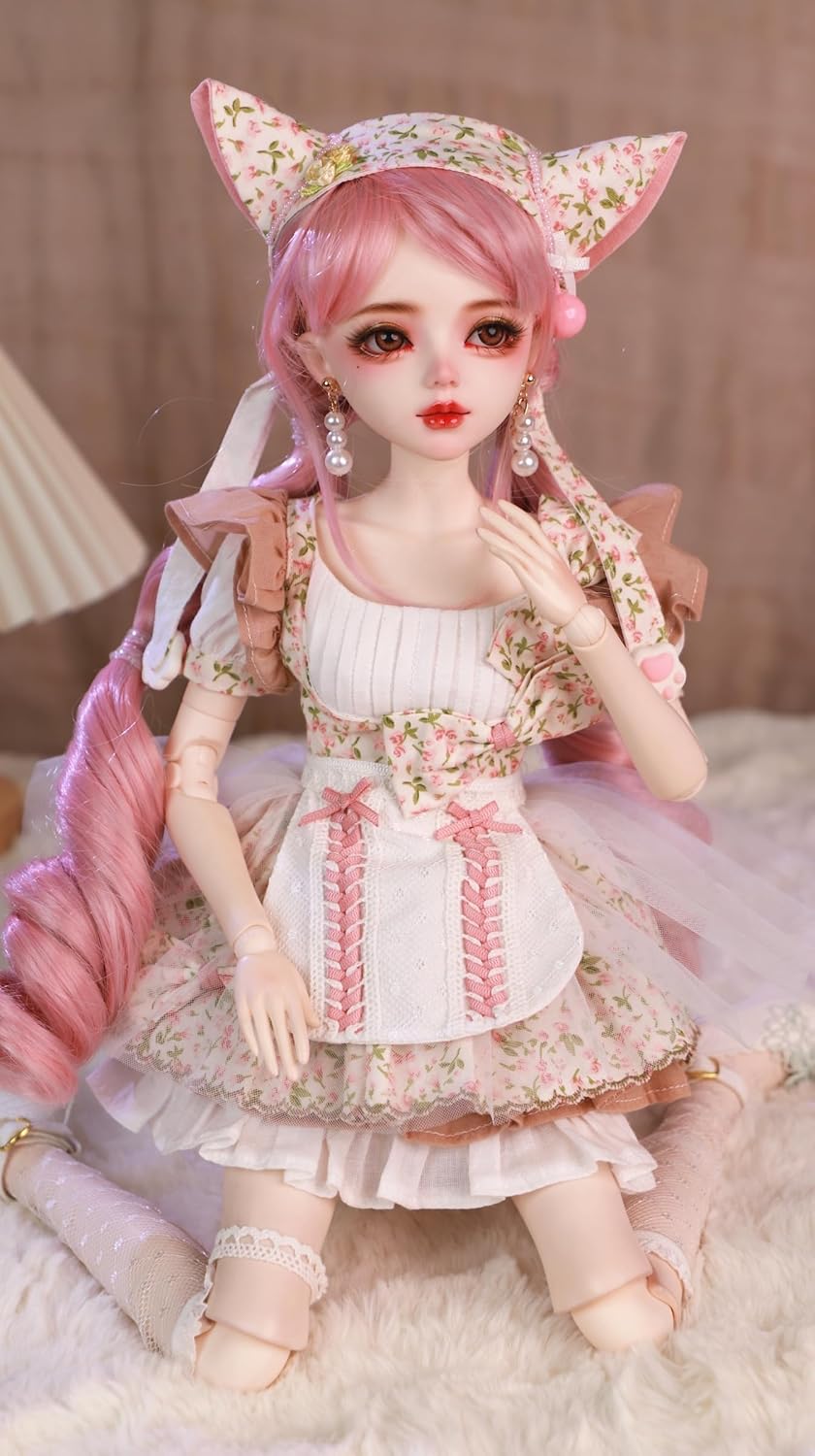 Hand-Painted BJD Doll 1/3,22.8 inches(56cm) Tall,Cute Pink Kitten Style,Princess Doll,PVC Body with 31 Movable Joints,for Ages 15+ and Older,Desk&Wall Decoration