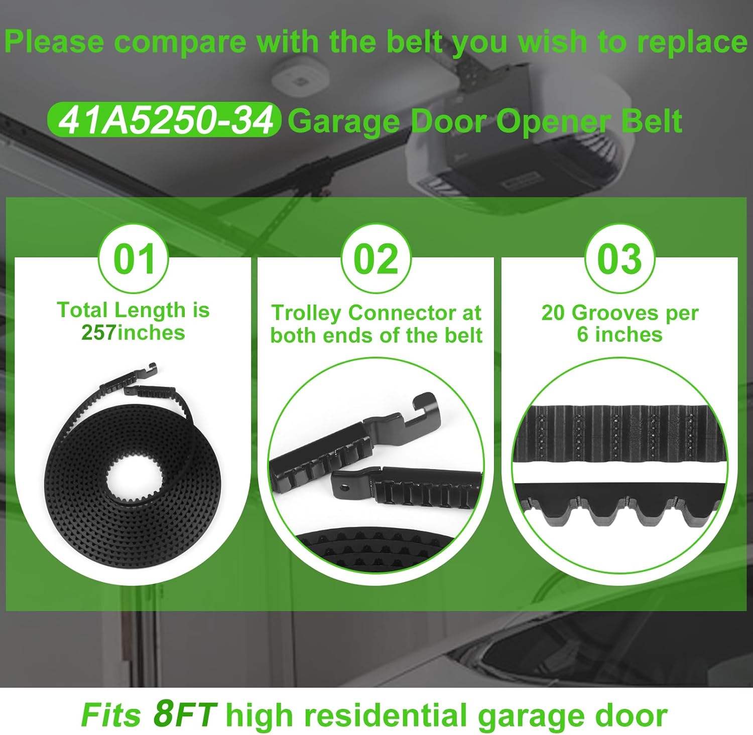 41A5250-1 Drive Belt 257'' for 8FT Garage Door Stable and Quiet Belt Replacement Compatible with Chamberlain Liftmaster Craftsman Sentex Whisper Openers (41A5250-34 8FT Garage Door Belt)