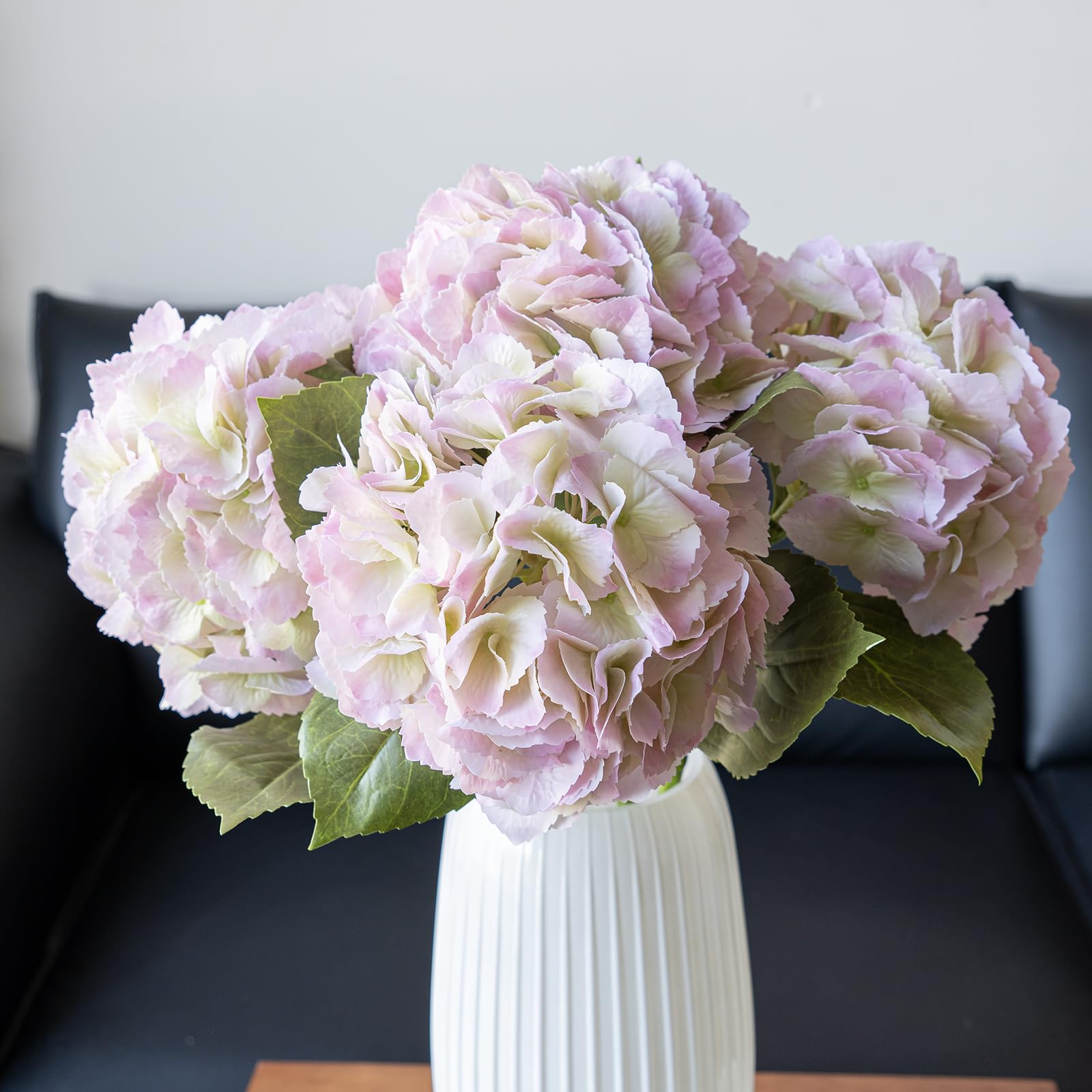 DUYONE Lot de 4 grandes fleurs d'hortensia artificielles réalistes avec longue tige, en latex réaliste au toucher pour décoration d'intérieur, arrangements de mariage, fête, bouquets de salon