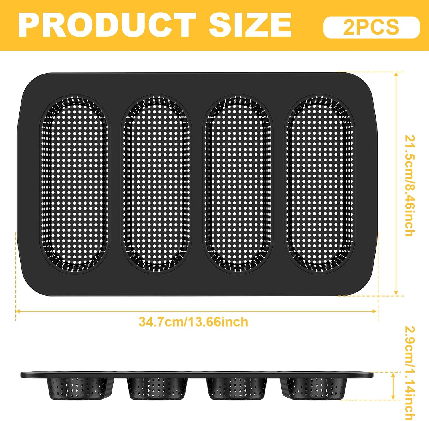 Hot Dog Bun Pan, 2 Pack Perforated Carbon Steel Bread Loaf Pan, Non-stick Homemade Hotdog Bun Baking Pans, Mini Pans, Dishwasher Safe