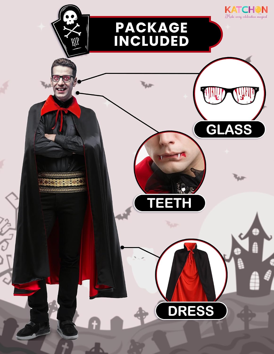 KatchOn, Unisex Vampire Cape for Adults - Xtralarge, Reversible Cape Vampire, Halloween Black and Red Cape with Vampire Teeth