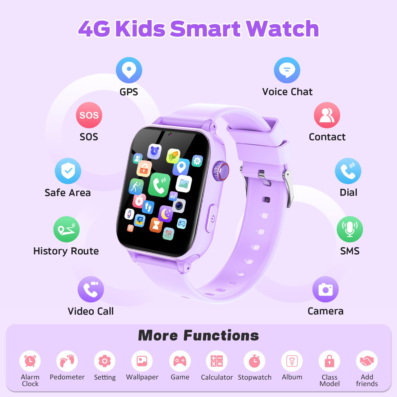 4G Reloj Inteligente Niño, Smartwatch Niños con GPS y Teléfono/Videollamadas/Chat de Voz/WiFi, SOS, Modo Escuela, Despertador, Podómetro Relojes Teléfono Regalos para Infantil 4-12, Lila Claro