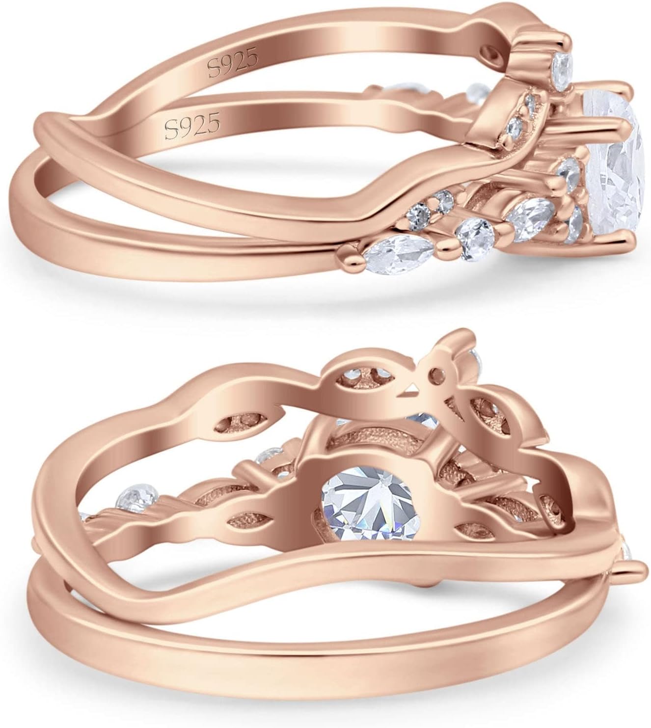 OMRANII Rose Tone, Simulated Cubic Zirconia Size-7 Two Piece Vintage Style Art Deco Wedding Engagement Bridal Set Ring Band Pear Round CZ 925 Sterling Silver