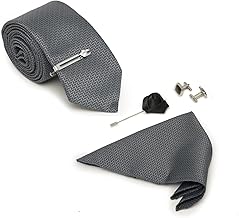 MUTAQINOTI Mens Grey Woven Premium Silk Necktie Suit Accessories Set With Pocket Square Cufflinks Brooch Tie Pin (TEGY02CP)