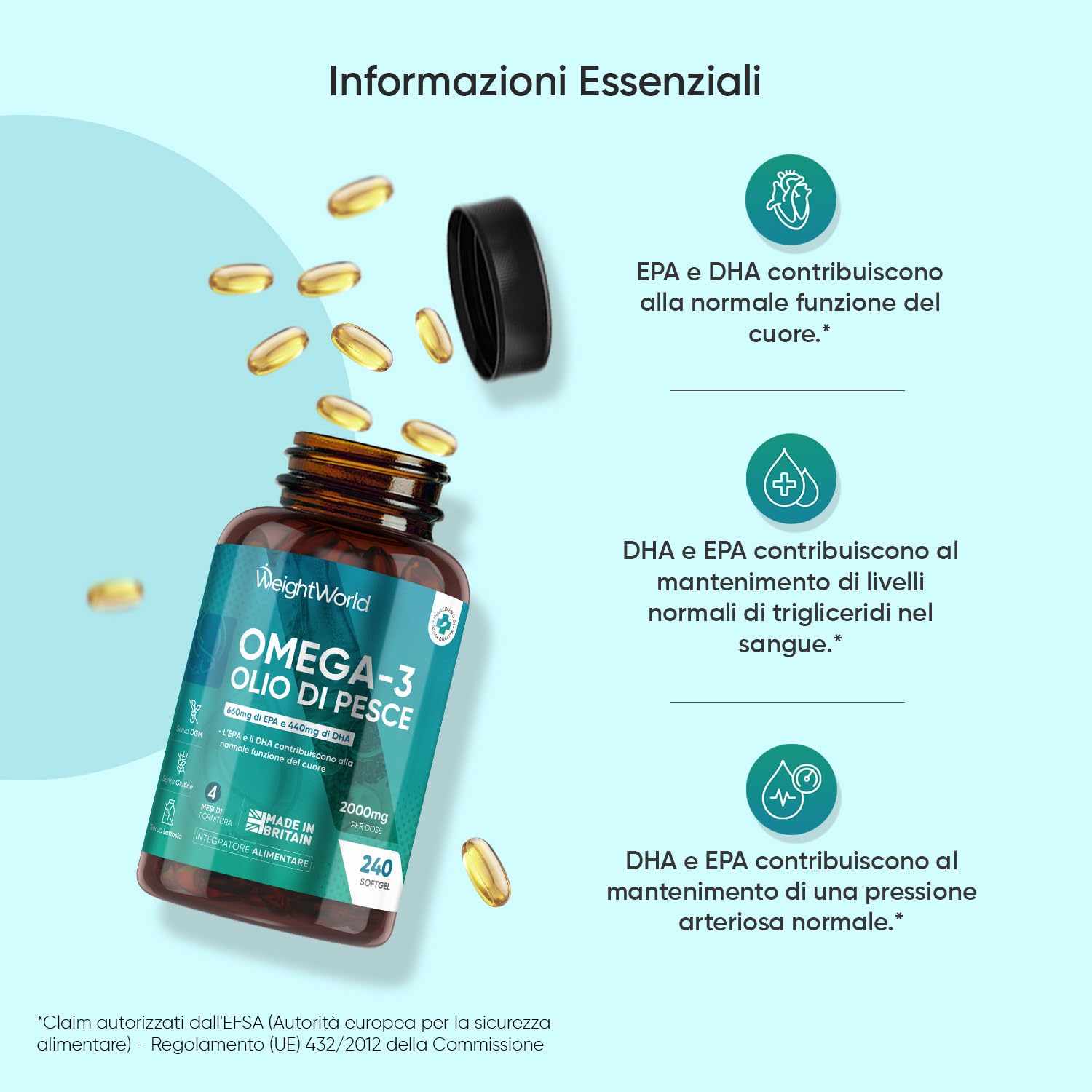 Omega 3 Olio di Pesce da 2000mg, 660mg EPA e 440mg DHA, Integratore Omega3 Fish Oil e Acidi Grassi Essenziali in 240 Softgel (4 Mesi), EPA e DHA Contribuiscono alla Normale Funzione del Cuore (EFSA)