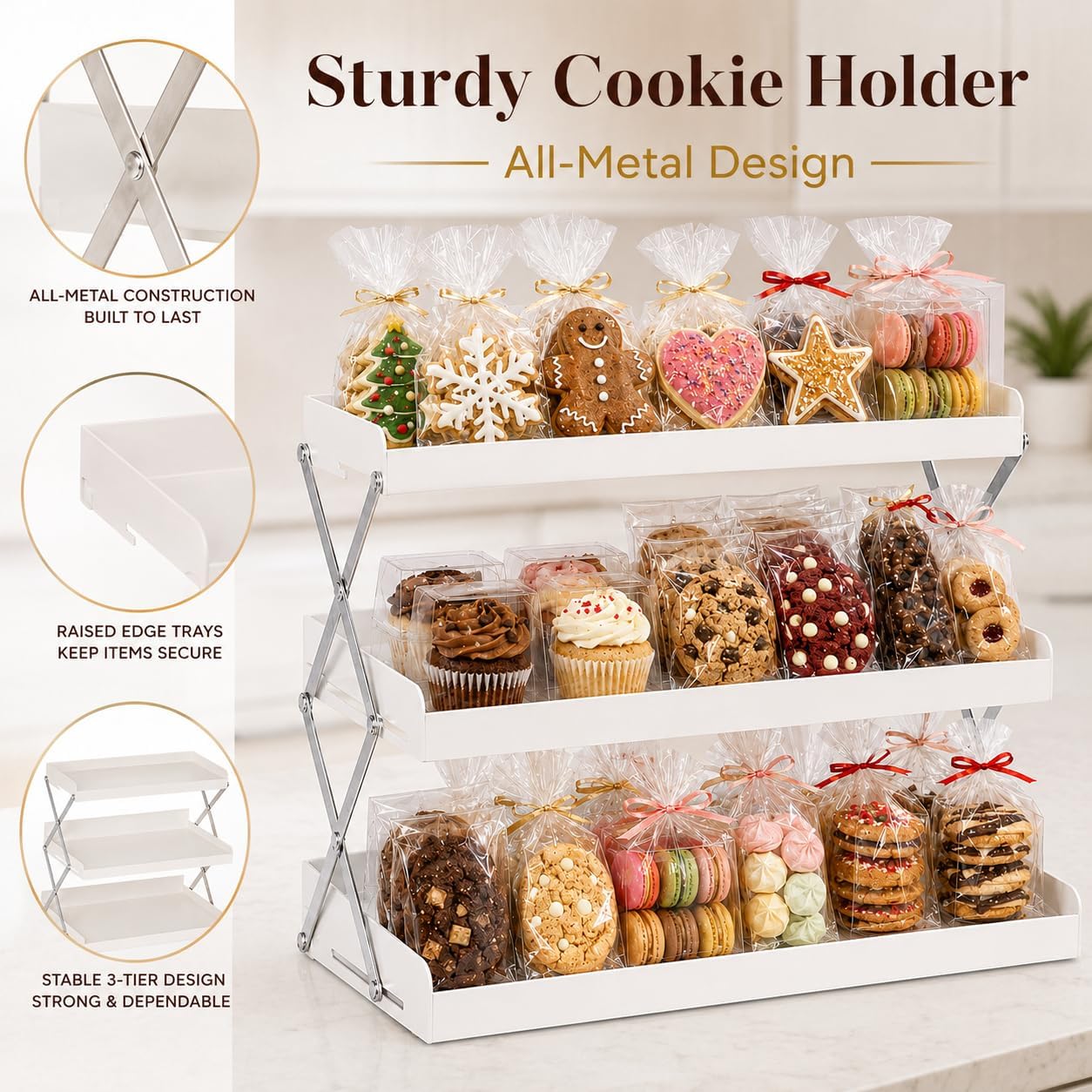 Cookie Display Stand, Foldable All Metal Dessert Table Display Set, 3-Tier Metal Cupcake Stand, Cookie Rack for Bakery, Farmers Market, Party Food Display, Treats, Macarons,Donuts &Pastries