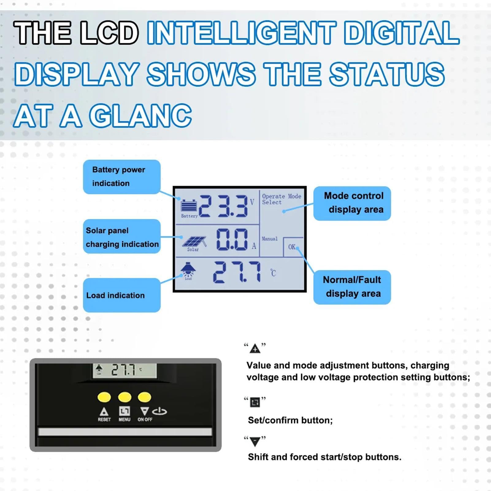 Regulador de panel solar, regulador de carga solar ajustable con pantalla