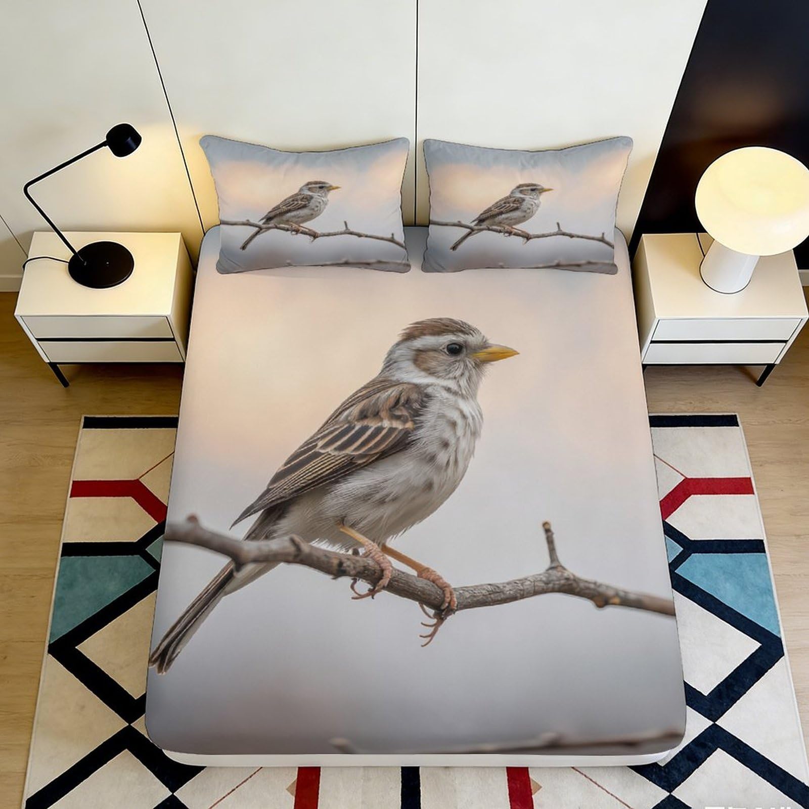 3D Printed Realistic Sparrow Fitted Sheet Microfiber Soft Grey Bird Branch Mattress Cover Bedroom Decor 90x200x25cm