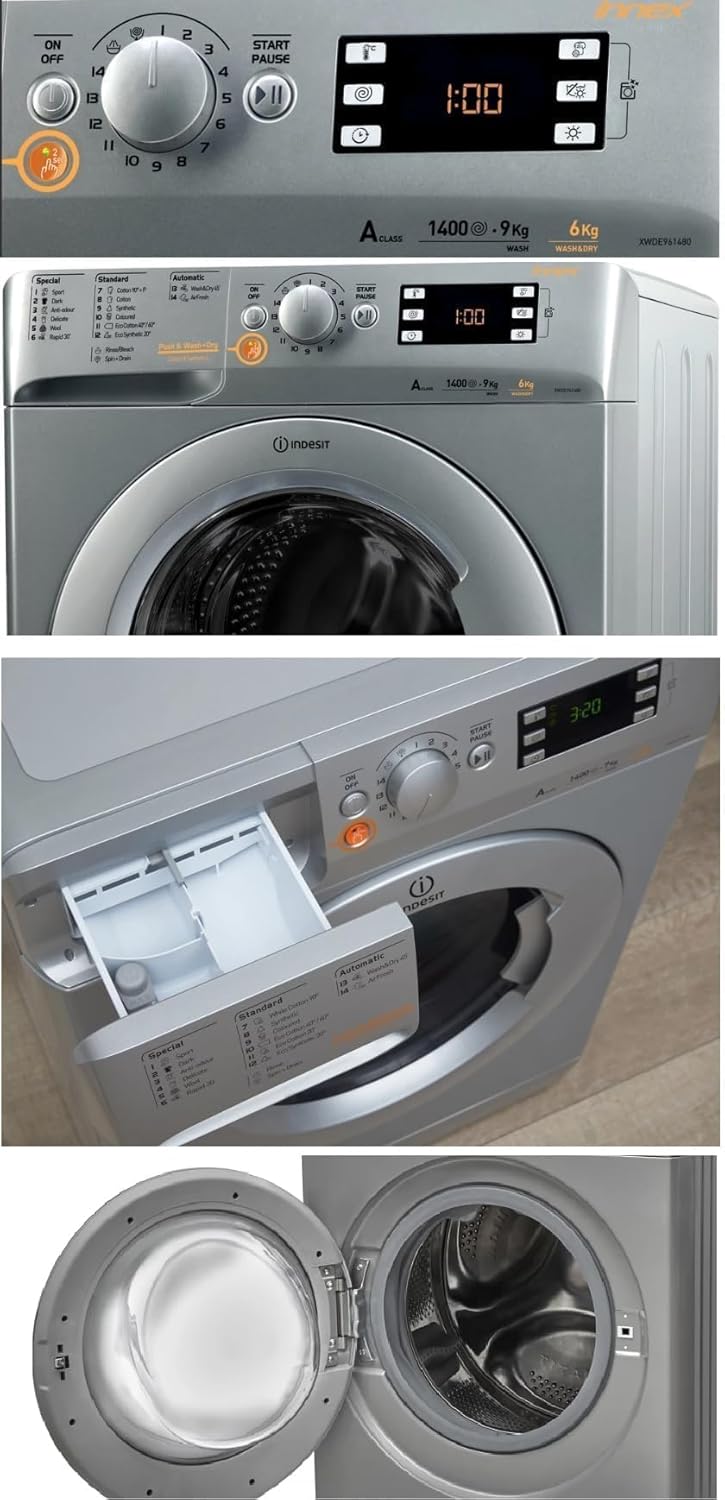 Pafupi views of the Indesit Washer Dryer control panel, detergent drawer, and drum