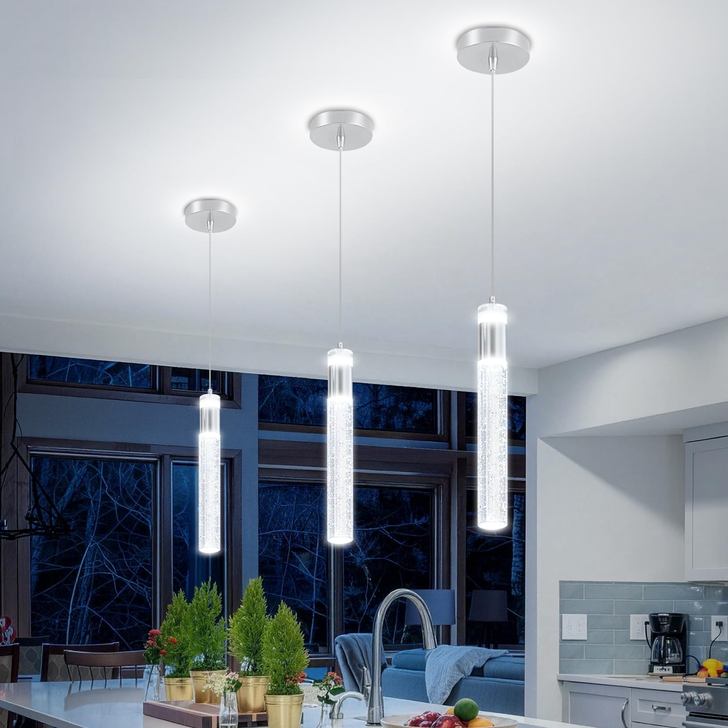 Photo 1 of IDEQUY Modern LED Chrome Crystal Pendant Light Kitchen Island, Bedroom Bedside Hanging Ceiling Lamp with Crystal Bubble Column, Dimmable 3000k-6000k 1-Light Independent