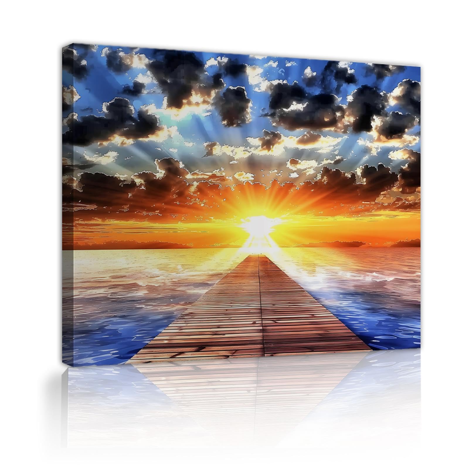 OSHIONARTE Ozean Pier Sonnenaufgang gerahmt Wandkunst Dekor Meer Landschaft Malerei Sonnenuntergang Leinwand Bild für Küche Büro Zuhause Wanddekoration 35x45cm Innenrahmen