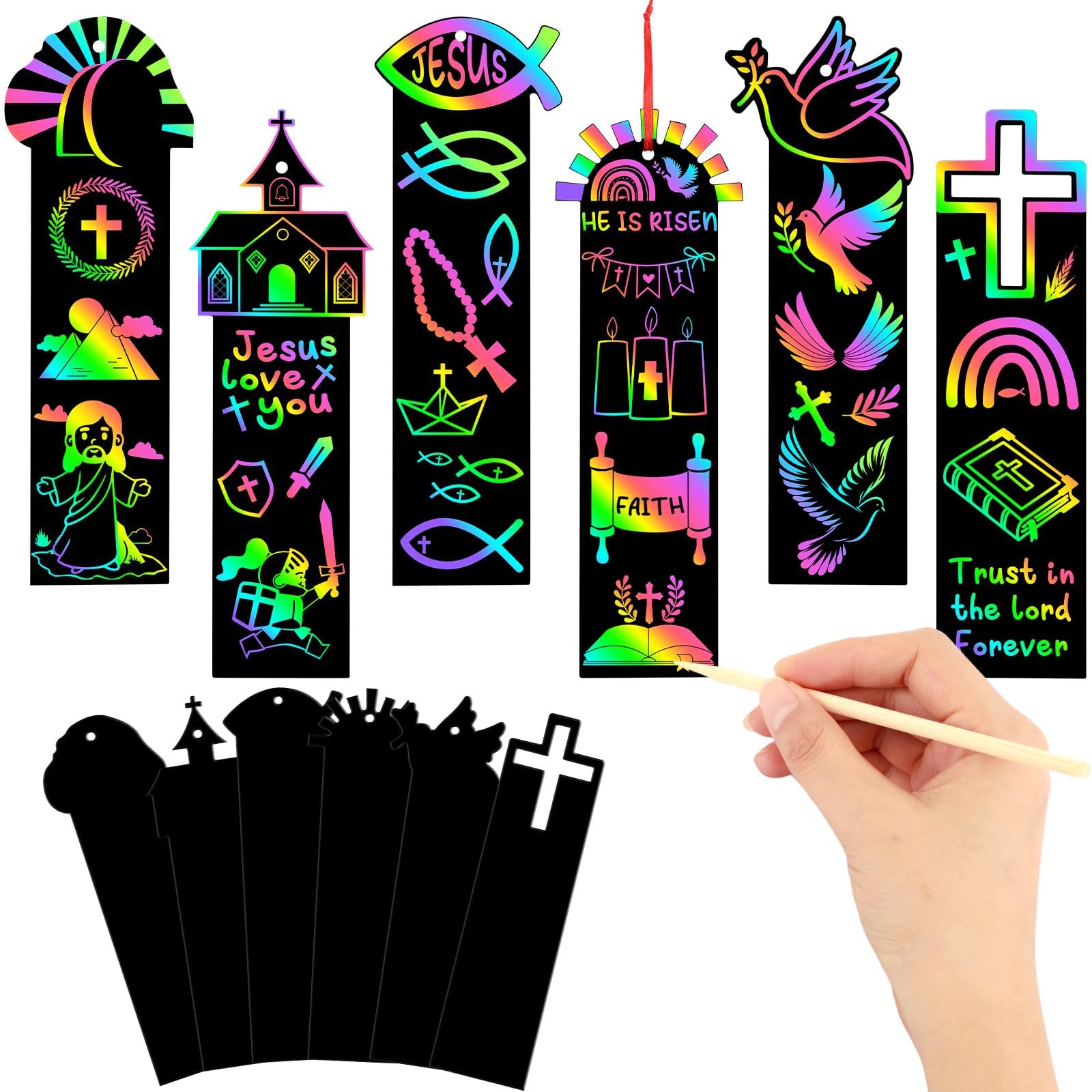 JUNEBRUSHS 30Pcs Religious Crafts for Kids, Easter Rainbow Color Scratch Art Bookmarks Resurrection Cross Religious Gifts for Kids Sunday School Church Bible Crafts Kits