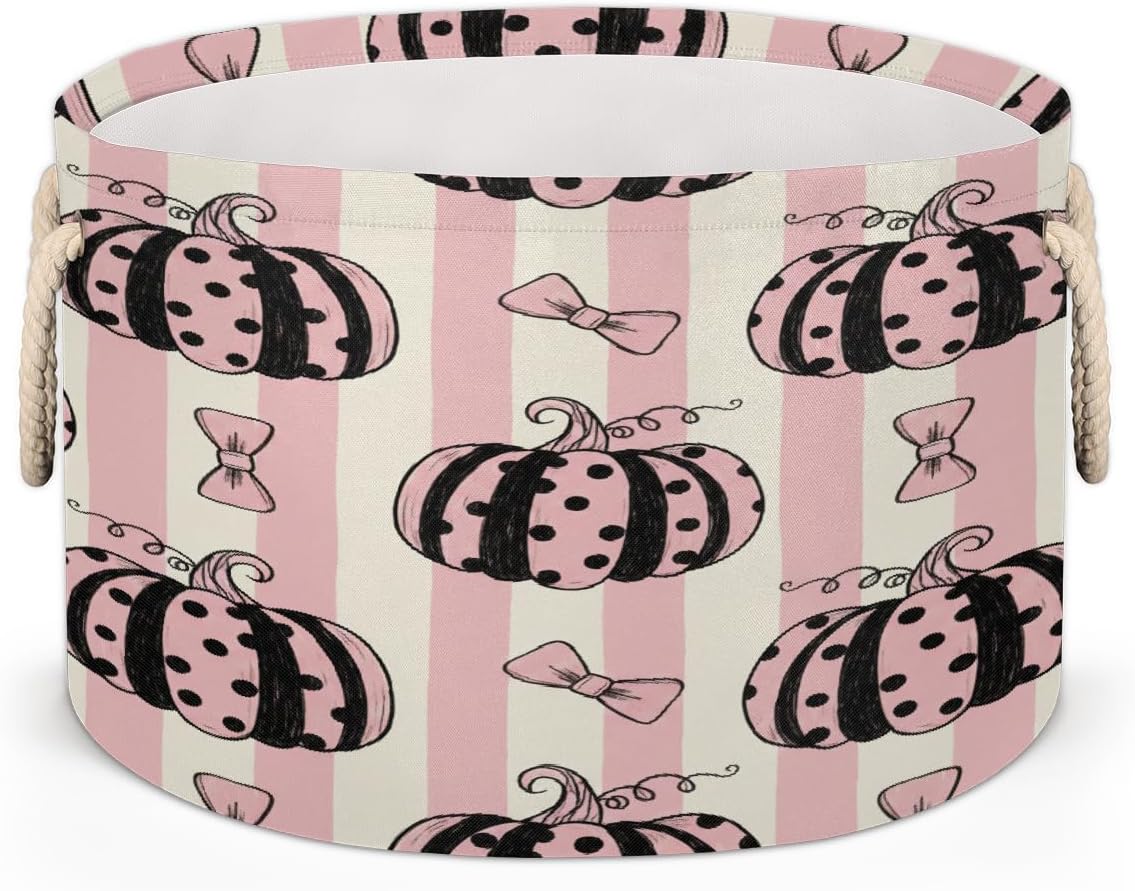 Large Storage Baskets - Pumpkins Halloween Fall Nursery Round Collapsible Organizer Bin Box, Laundry Hamper for Kids Toys, Blanket, Bedroom Living Room Home Decor, Gift Basket, 19.4"x13.3"