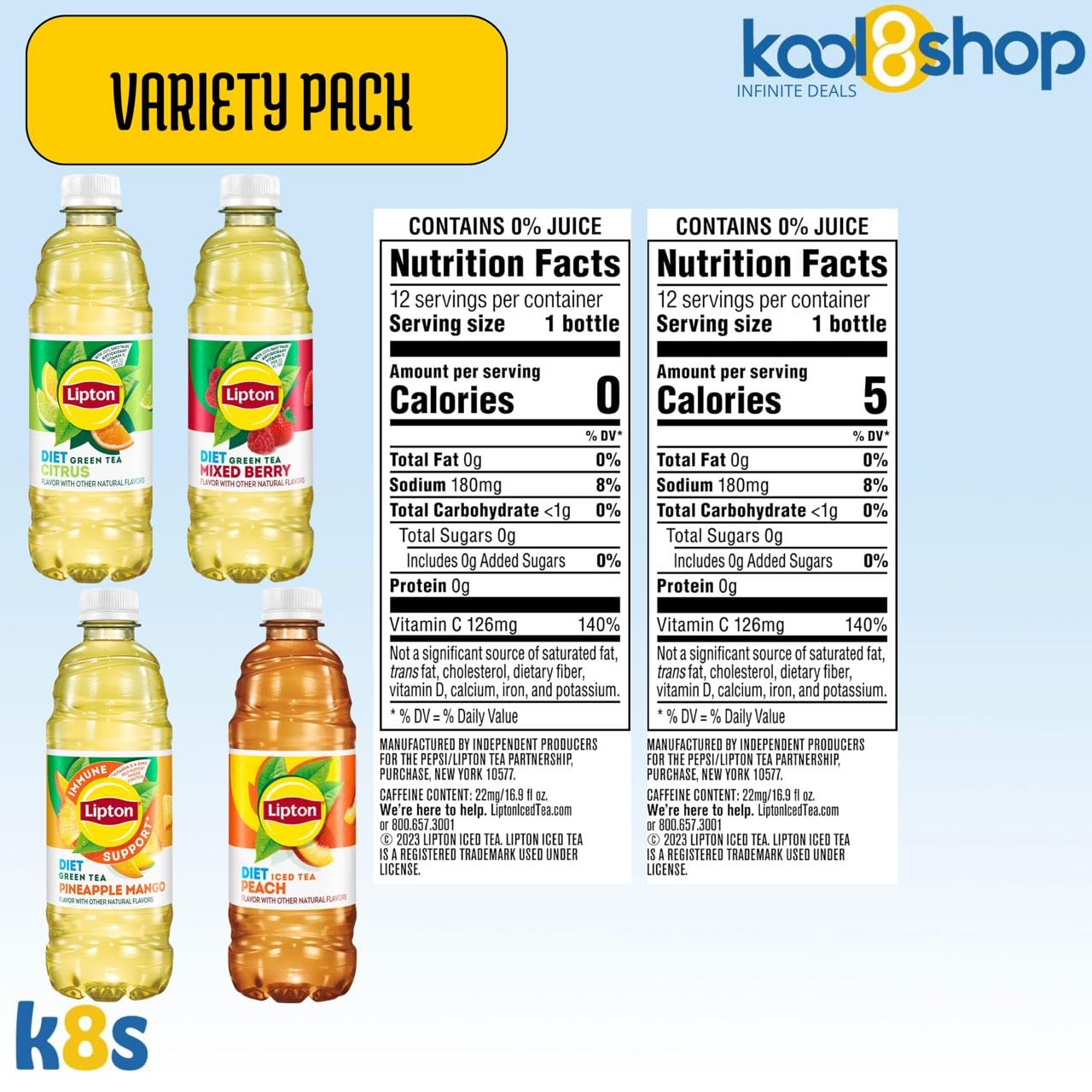 Lipton Diet Variety Pack Green and Iced Tea 16.9 fl oz Plastic Bottle 16 Pack + 15 Sugarcane Disposable Straws by KOOL8SHOP Infinite Deals