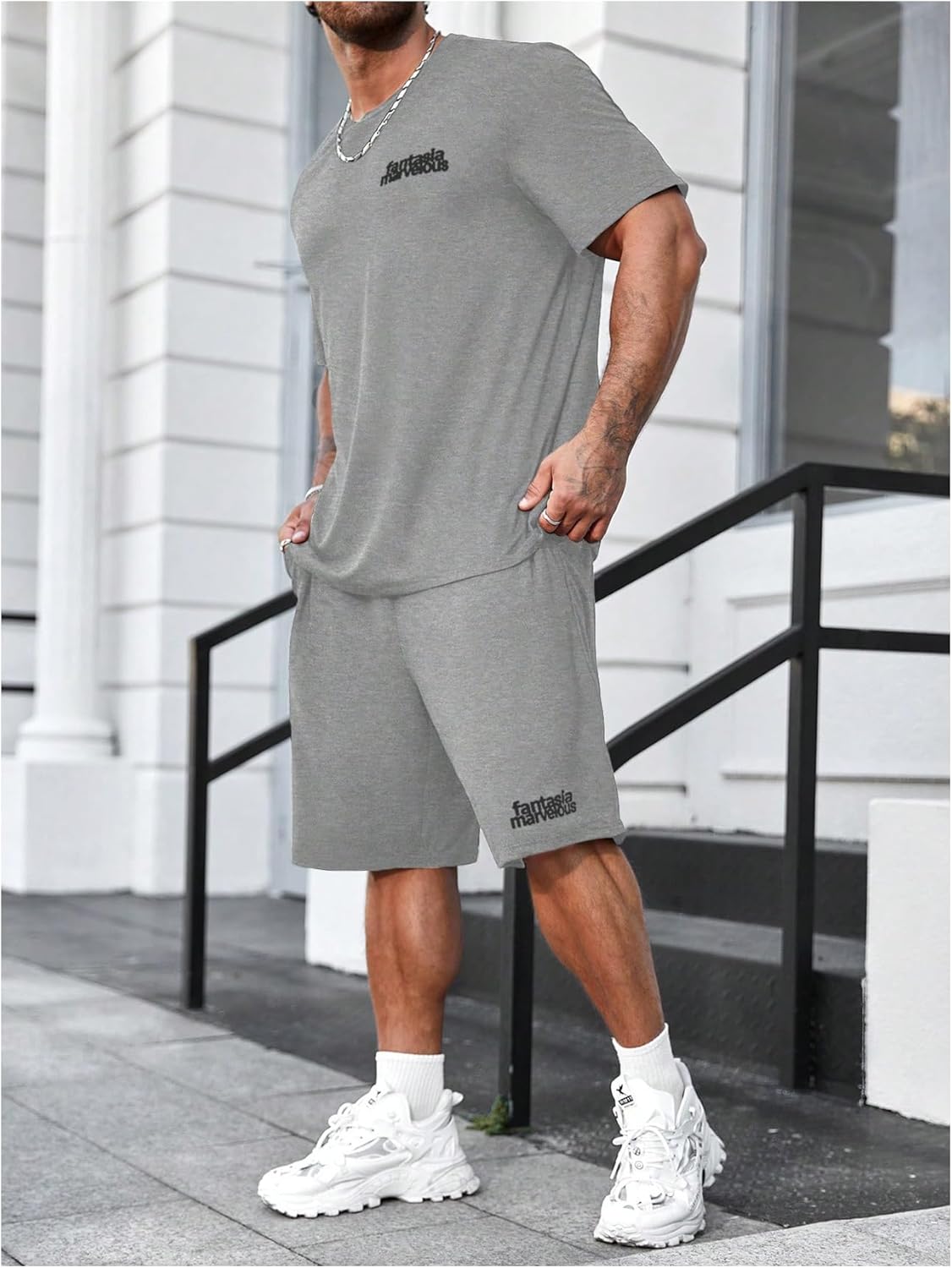 BEAUDRM Men's Big and Tall Two Piece Tracksuit Letter Print Short Sleeve T Shirt Track Shorts Set