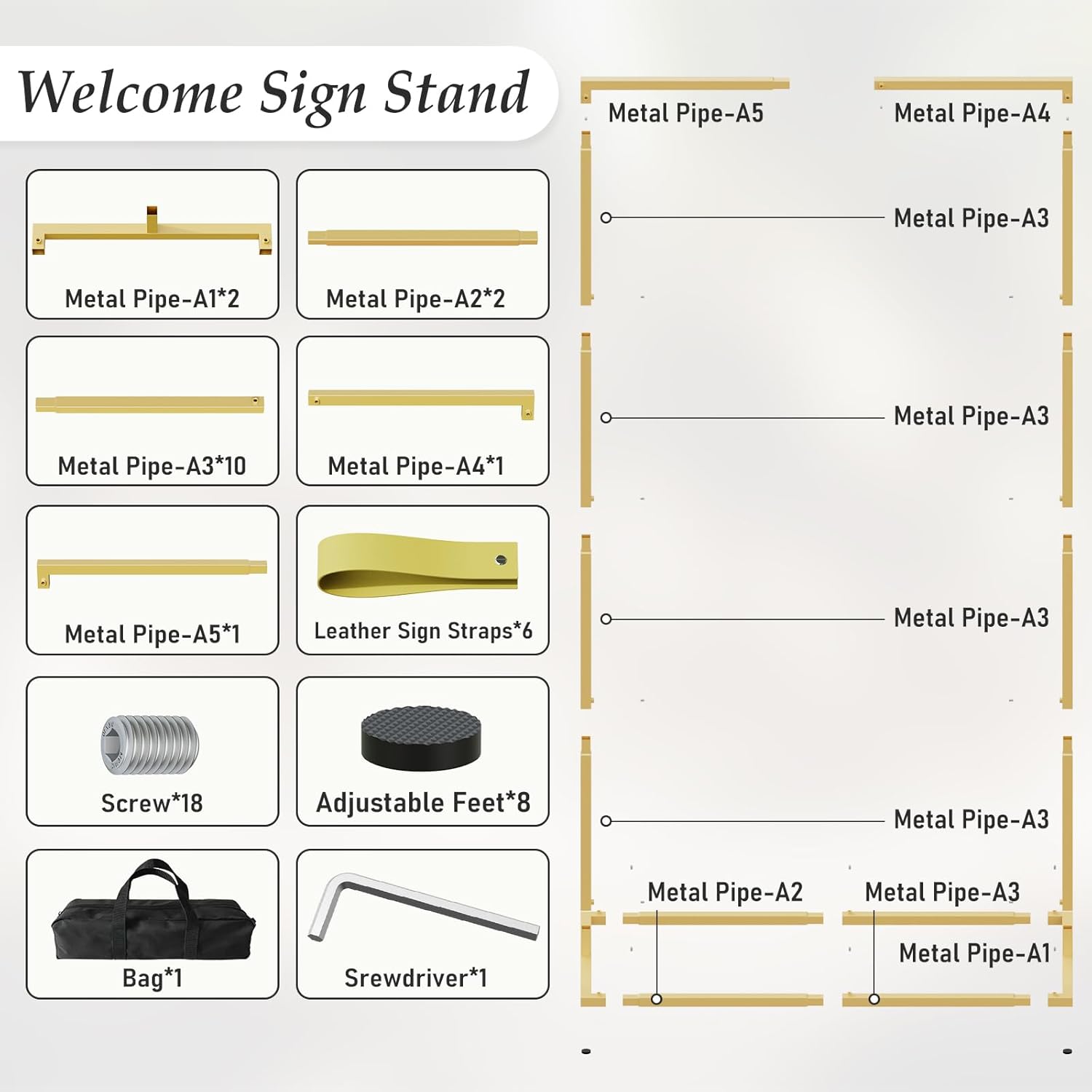 Wedding Sign Stand, Adjustable Wedding Welcome Sign Stand with Carry Bag, Leather Hanging Straps, 8 Floor Pads - Gold Easel Stand for Seating Charts & Wedding Decor