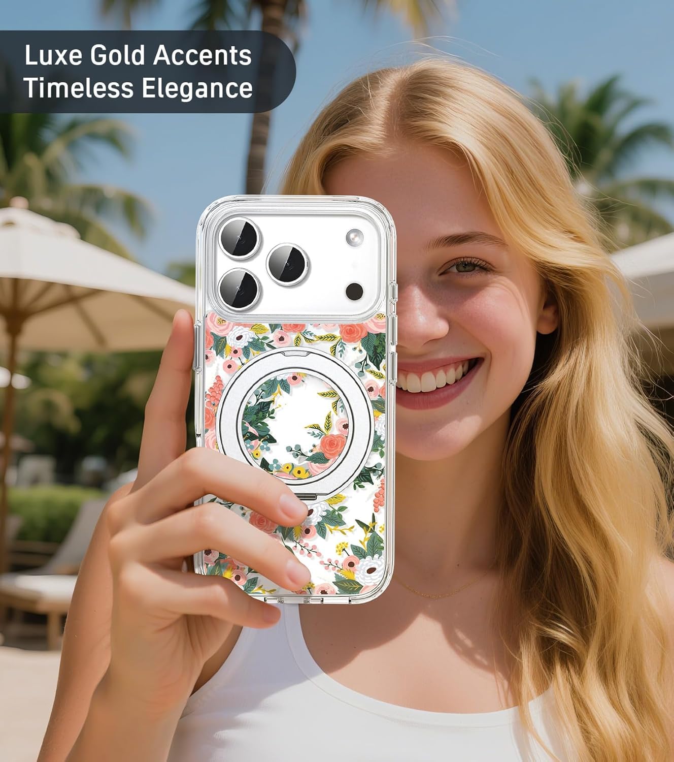 for iPhone 17 Pro Case with MagSafe Stand Ring for Women, Cute Clear Floral Design with 360° Kickstand Holder Magnetic Shock Proof Heavy-Duty Protection Pink Flower - Image 4