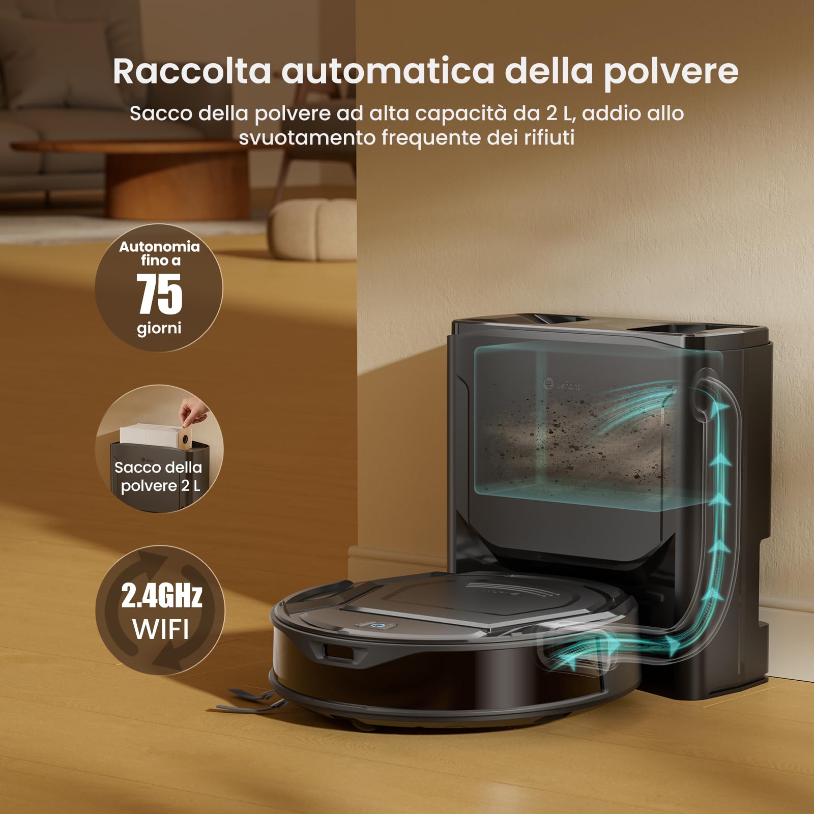 Lefant M210 PLUS Robot Aspirapolvere con Mappatura Laser ToF, 6000Pa, Ultrasottile 8cm, 150 Min, Senza Grovigli, Stazione di Raccolta Automatica 2L, Wi-Fi/APP/Alexa, Nero