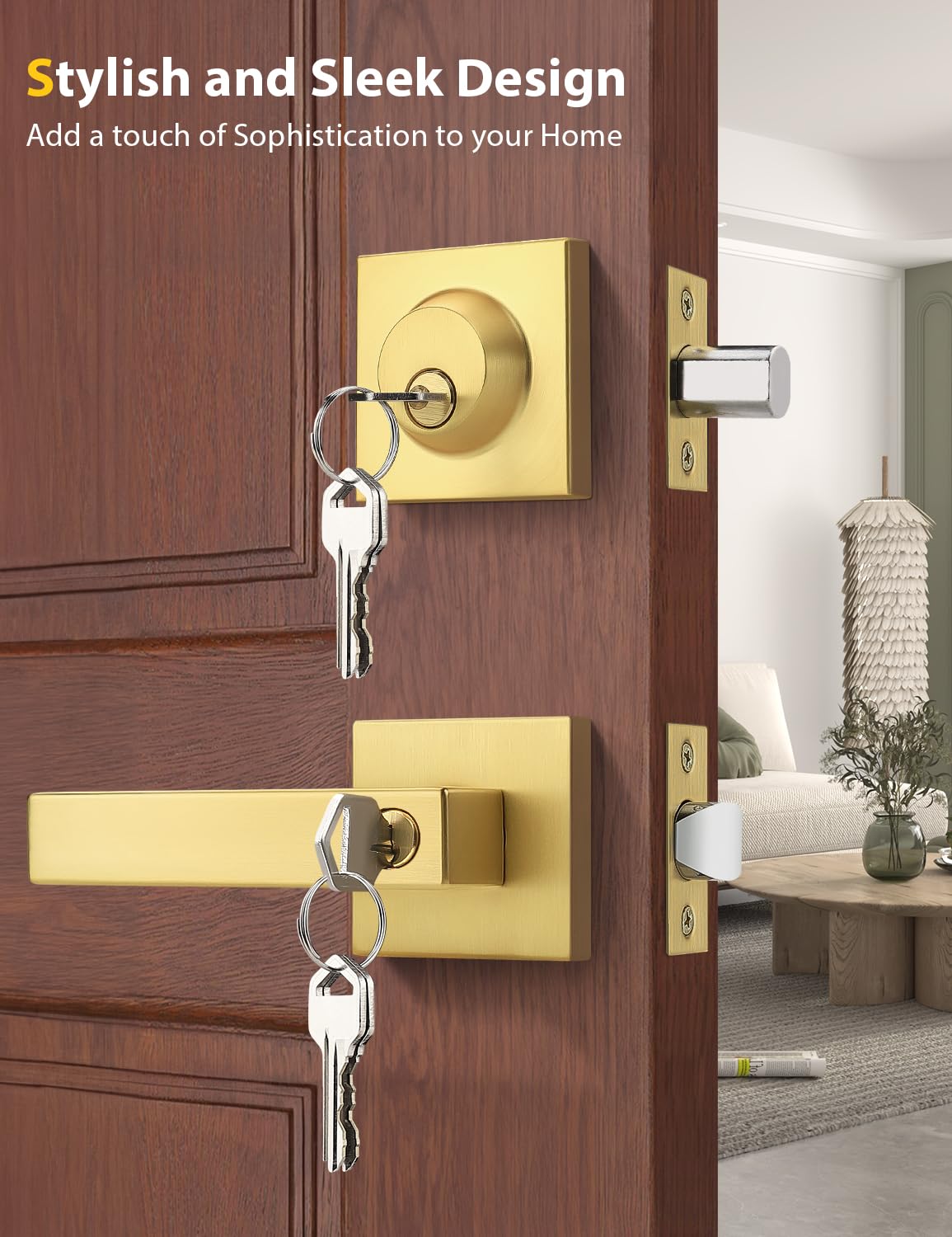 Tinewa Confezione da 6 maniglie per porte anteriori/esterne con serratura a cilindro singolo, in ottone satinato, set combinato, per porte d'ingresso/porte anteriori e da ufficio