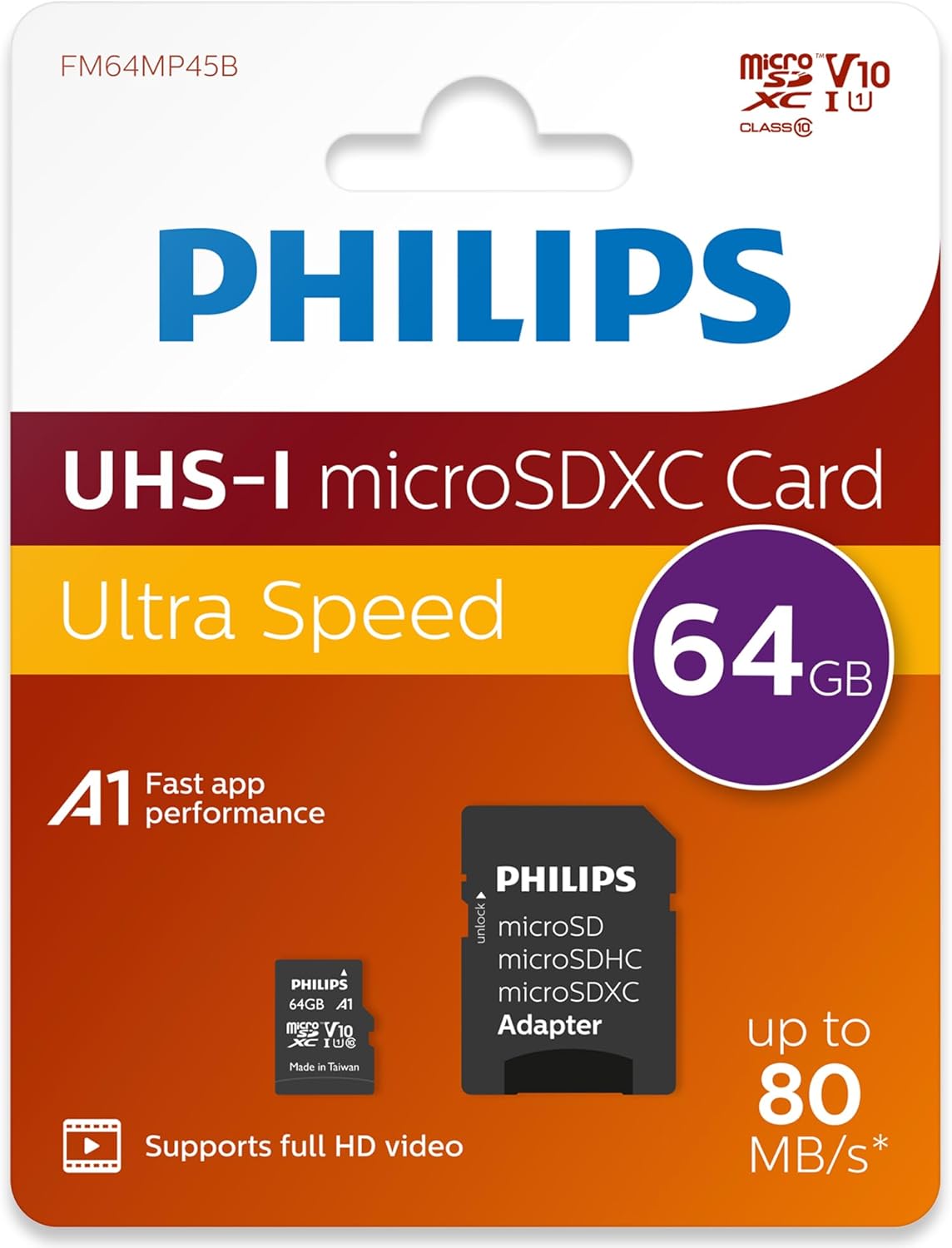 PHILIPS 64GB Micro SDXC UHS-1 U1 & V10 Class 10 Flash Memory Card with Adapter