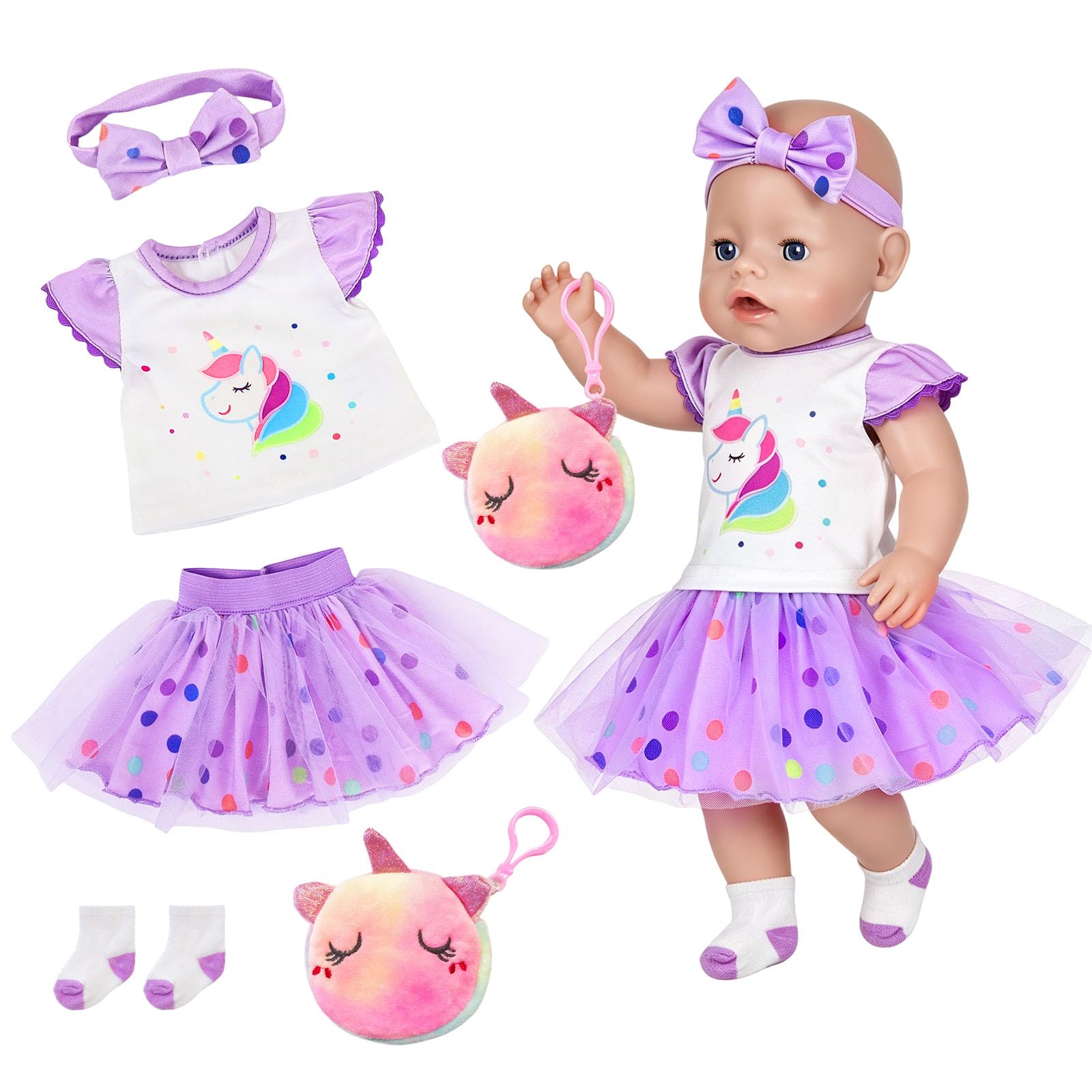 5 Pcs Baby Doll Clothes for 14-17 Inch Baby Dolls, Cute Newborn Baby 35-43cm Doll Clothes with Short Tutu Dress Headband Purse Socks, Baby Doll Accessories Christmas Birthday Gift for Girls Boys