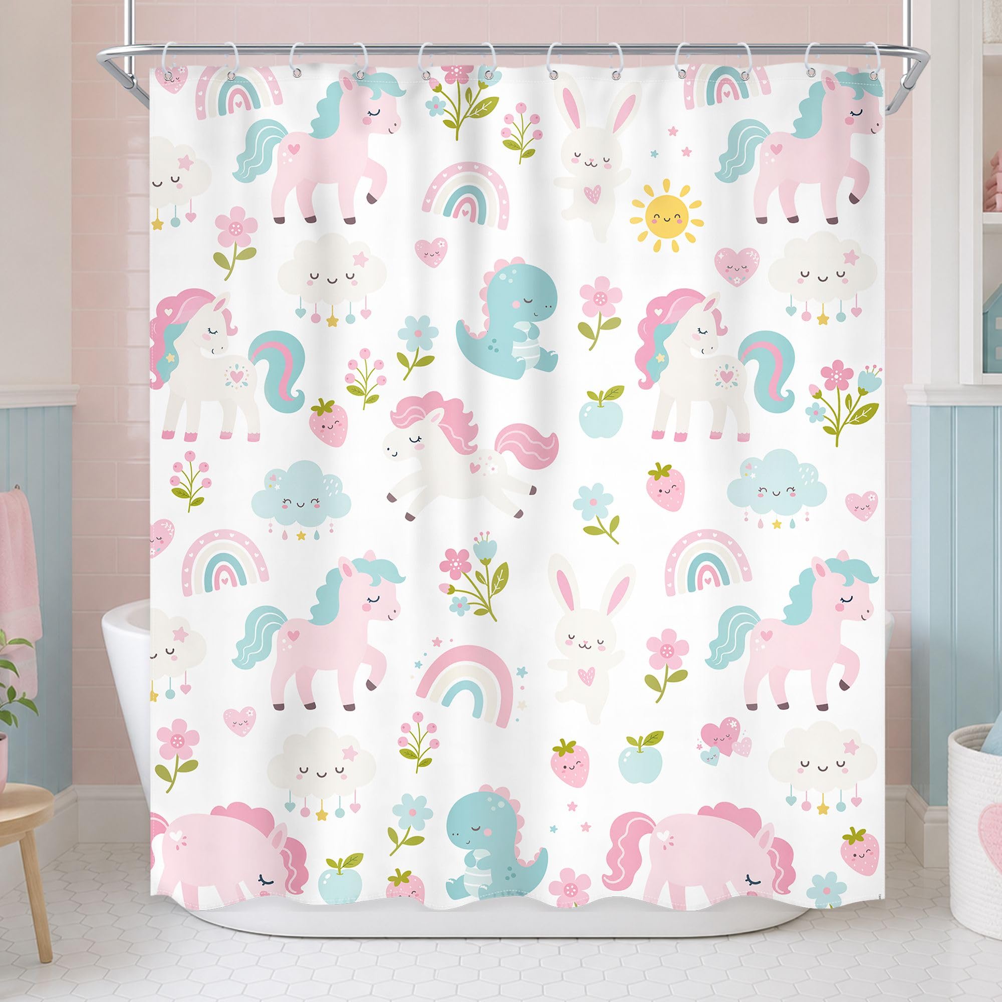Cute Rainbow Shower Curtain for Girls - Pink Bathroom Set -19