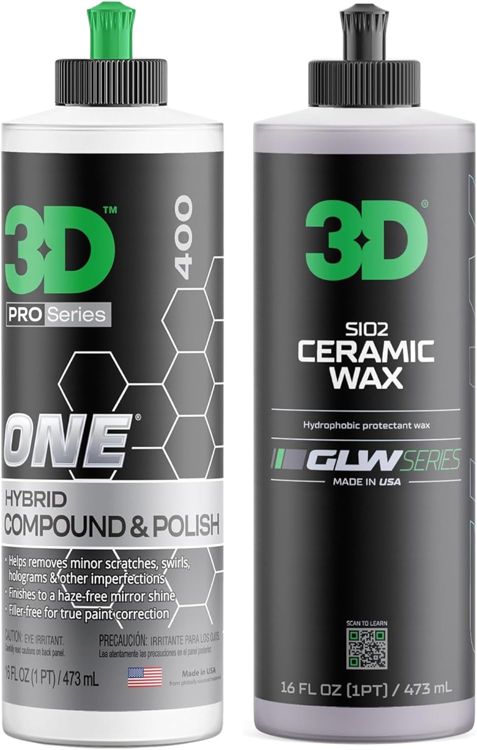 3D One Car Scratch & Swirl Remover + 3D SiO2 Ceramic Wax – Paint Correction & Hydrophobic Gloss Protection – 16 oz Each