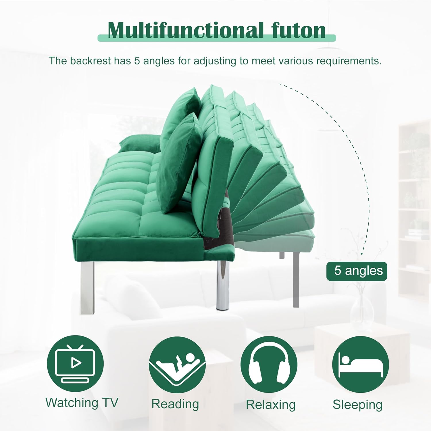 Modern Velvet Futon Sofa Bed,Convertible Sleeper Loveseat with 4 Folding Backrest,78" Comfy Deep Seat Cloud Couch Bed for Living Room Apartment Office (Green)
