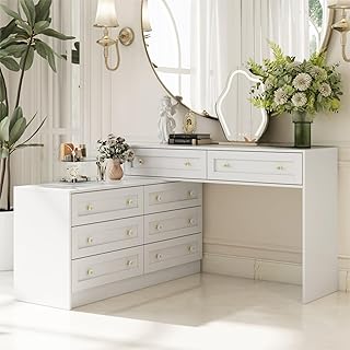TAMUNE L-Shaped Dressing Table with 8 Drawers, Extendable Vanity Desk and Dresser Combo, Wood Vanity Dresser Makeup Desk, Wide Desktop, for Bedroom Dressing Room, White (47.8”W x 47.2”D x 31.5”H) - Buy now