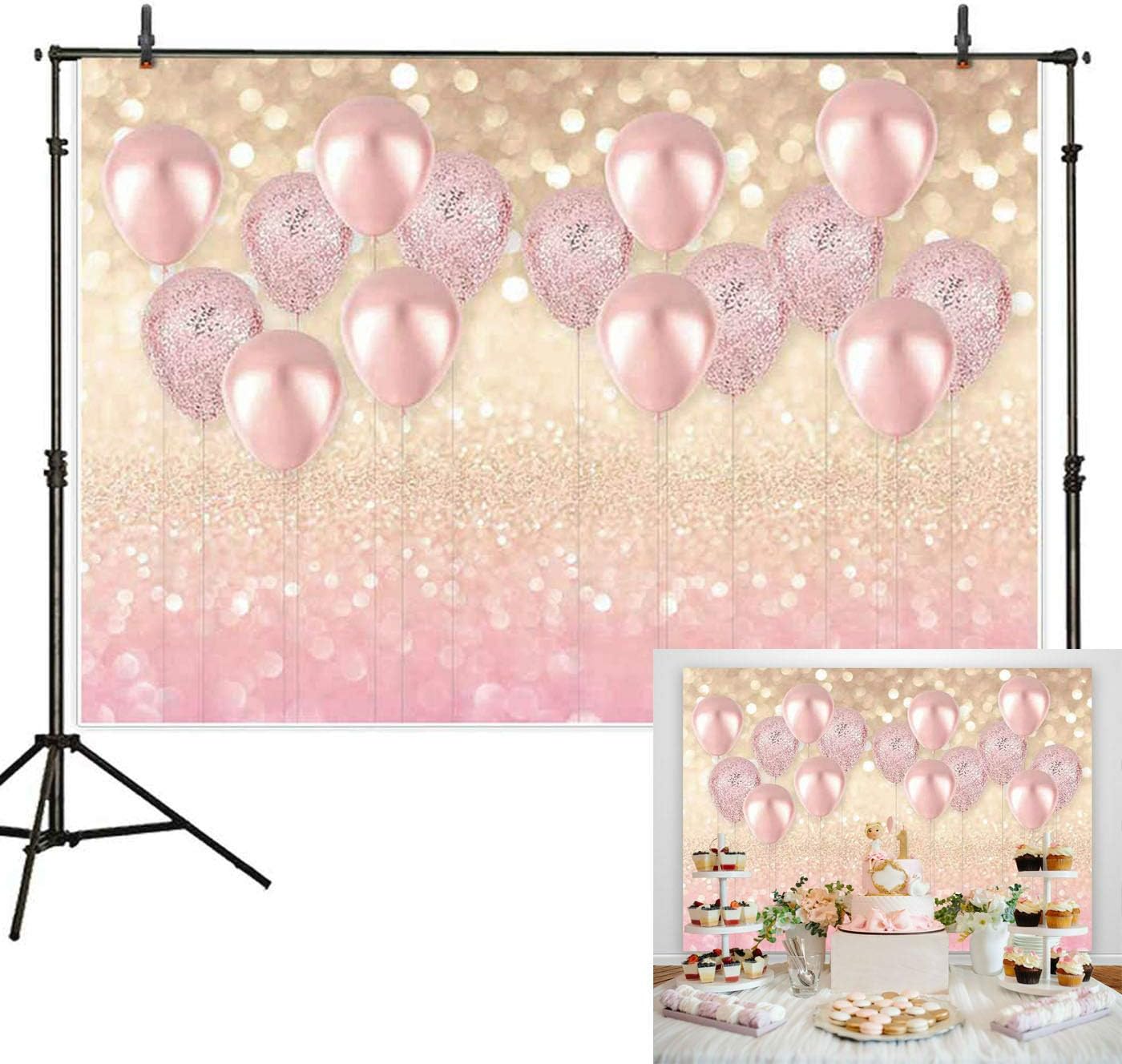 Haboke 7x5ft Durable/Soft Fabric Rose Gold Party Decorations Pink Balloon Photo Backdrop for Girls Birthday Baby Bridal Shower Bachelorette Women Party Supplies Photography Background Studio Props