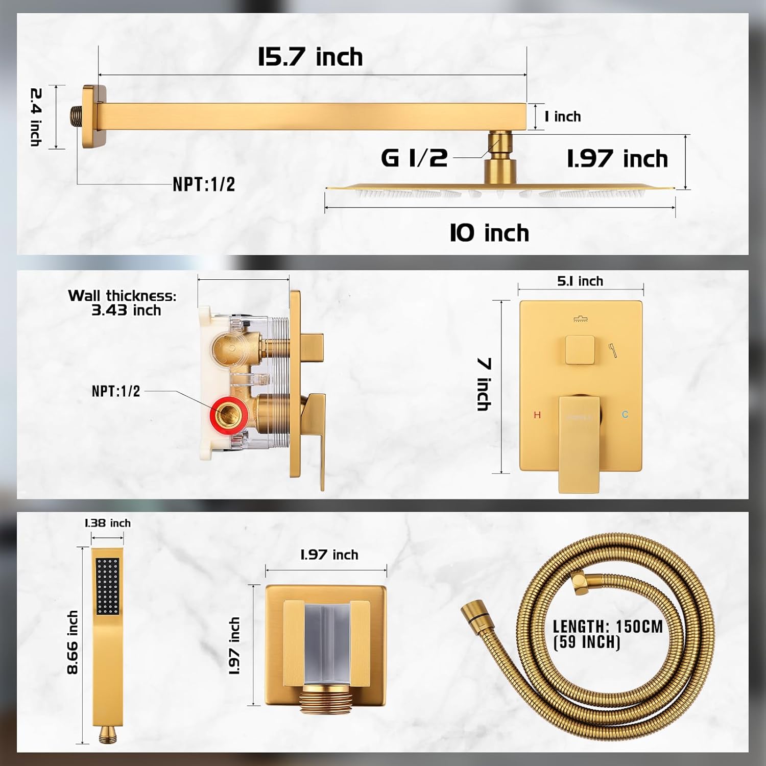 Rainfall Shower System - Wall Mounted Complete Combo with Solid Brass Pressure Balancing Valve, High Pressure Shower Head, Handle Set & Installation Accessories Brushed Gold 10"+Handheld Spray