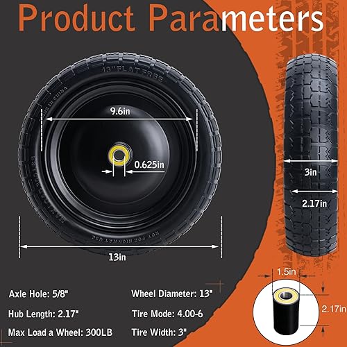 Miniatura 7 de Ruedas planas libres de 13 pulgadas para carrito Gorilla Cart, carretilla, carrito de jardín, carretillas, carretillas de mano y remolques de patio,