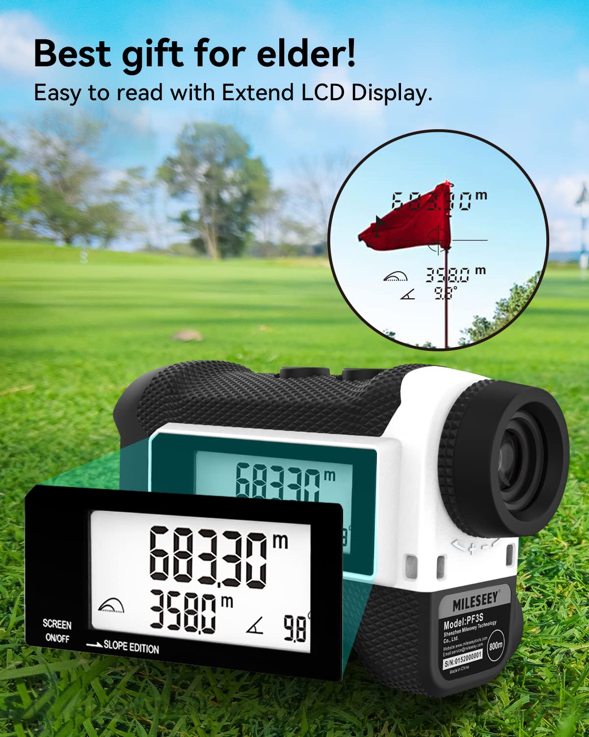 MiLESEEY PF3S Telemetro Golf/Caccia Da 800M con Display LCD Telemetri da Golf, con Interruttore di Inclinazione, Blocco Bandiera e Vibrazione, Precisione ± 0,5M, Montaggio su Treppiede