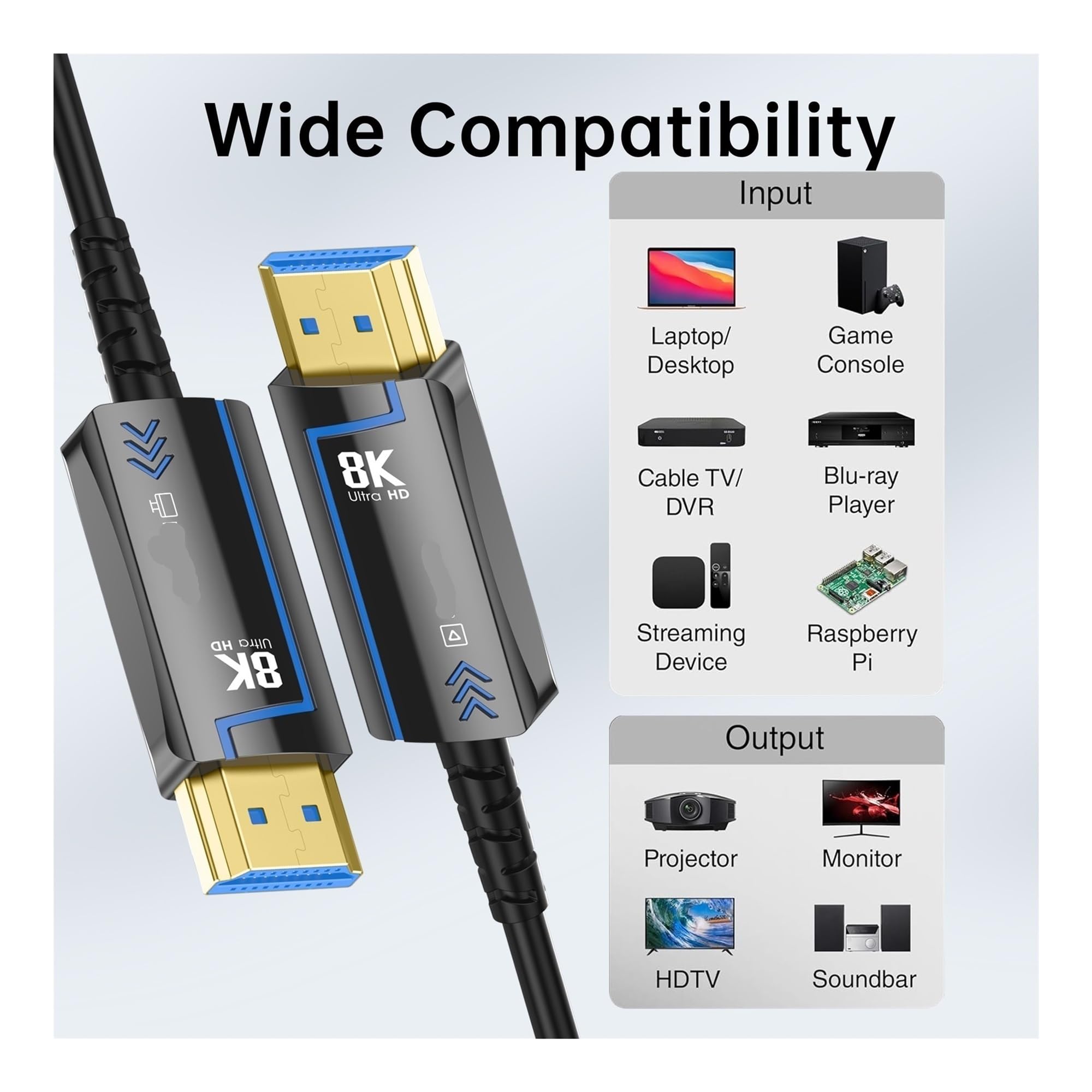 Câble HDMI 2.1 À Fiber Optique 8K @ 60Hz 4K 120Hz, Dynamique 48Gbps HDR/eARC/HDCP For TV HD PS5 Ordinateur De Vitesse Blu-ray(8K 2.1 HDMI Cable,3m)